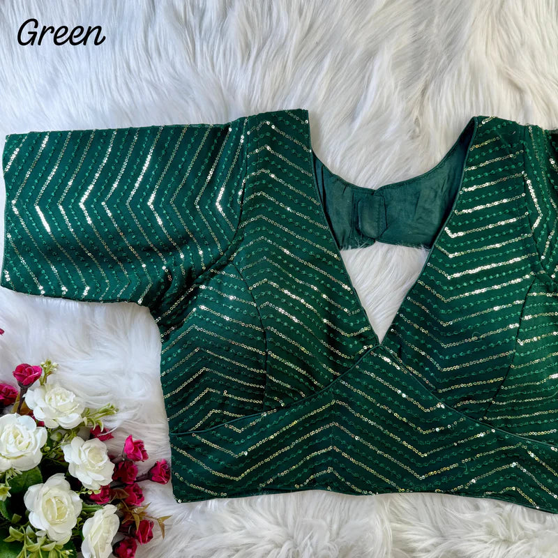 Green Sabyasachi-Inspired Deep Neck Embroidered Faux Georgette Blouse with Sequin Work