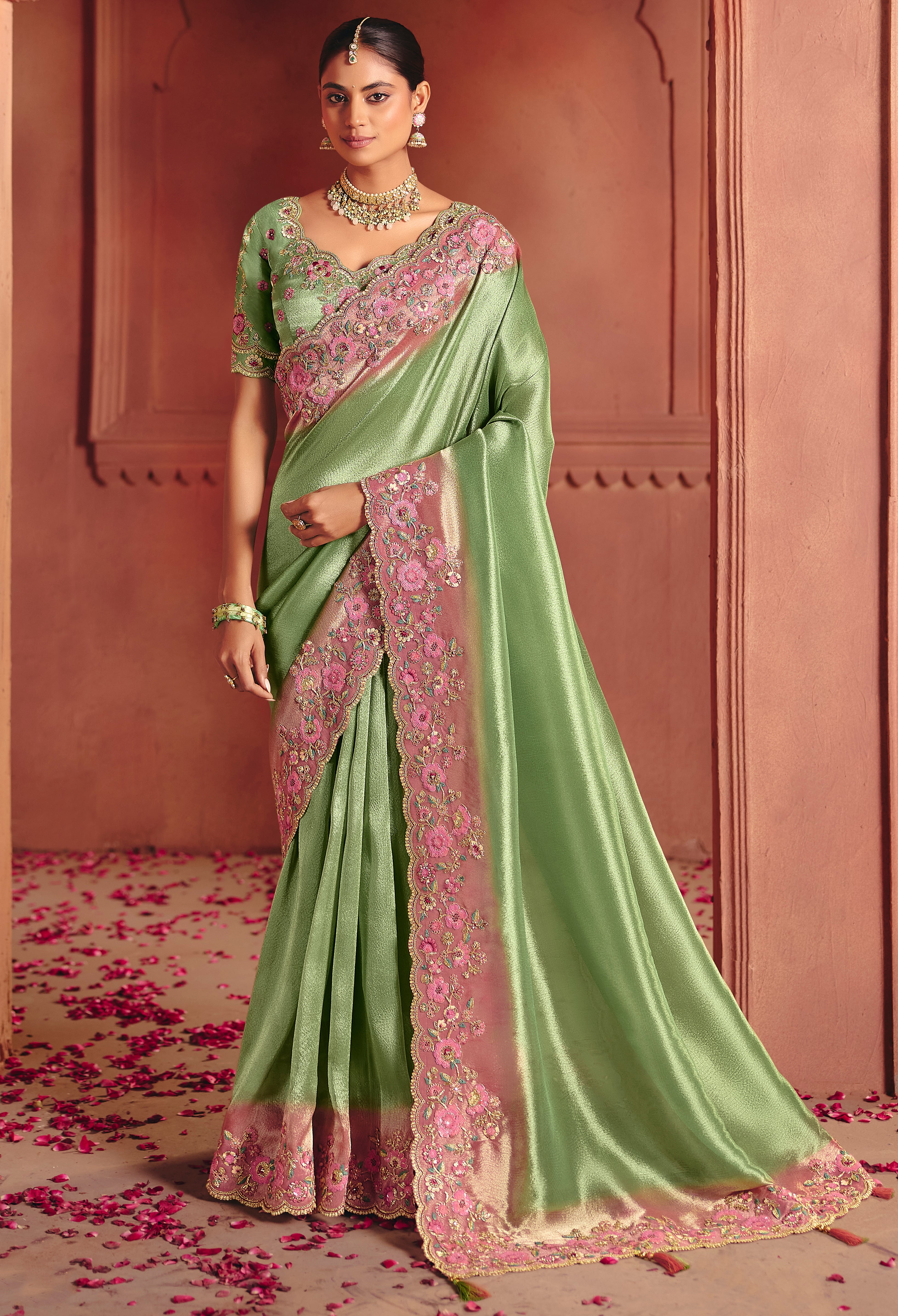 Green Saree With Sequin, Thread, Weaving Heavy Embroidery Work With Heavy Embroidery Work Blouse