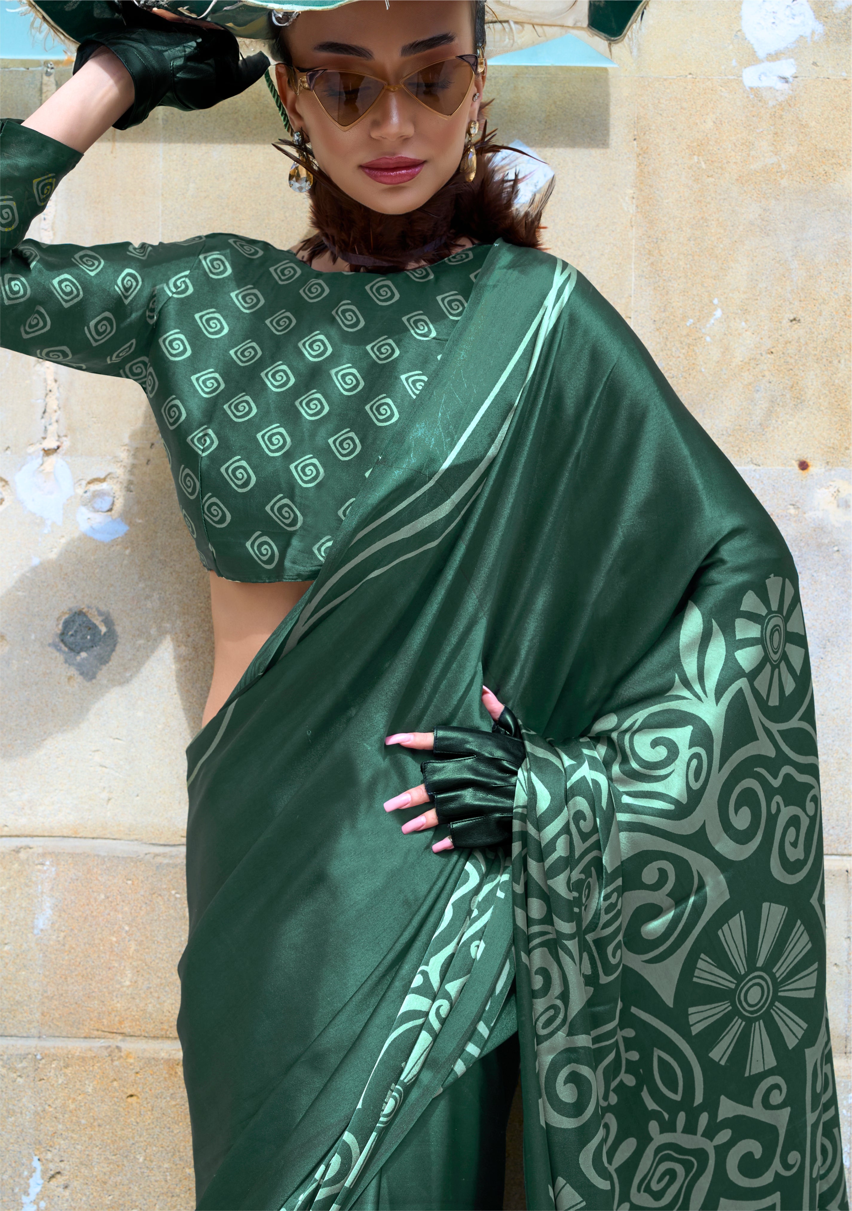 Green Satin Saree With Digital Print