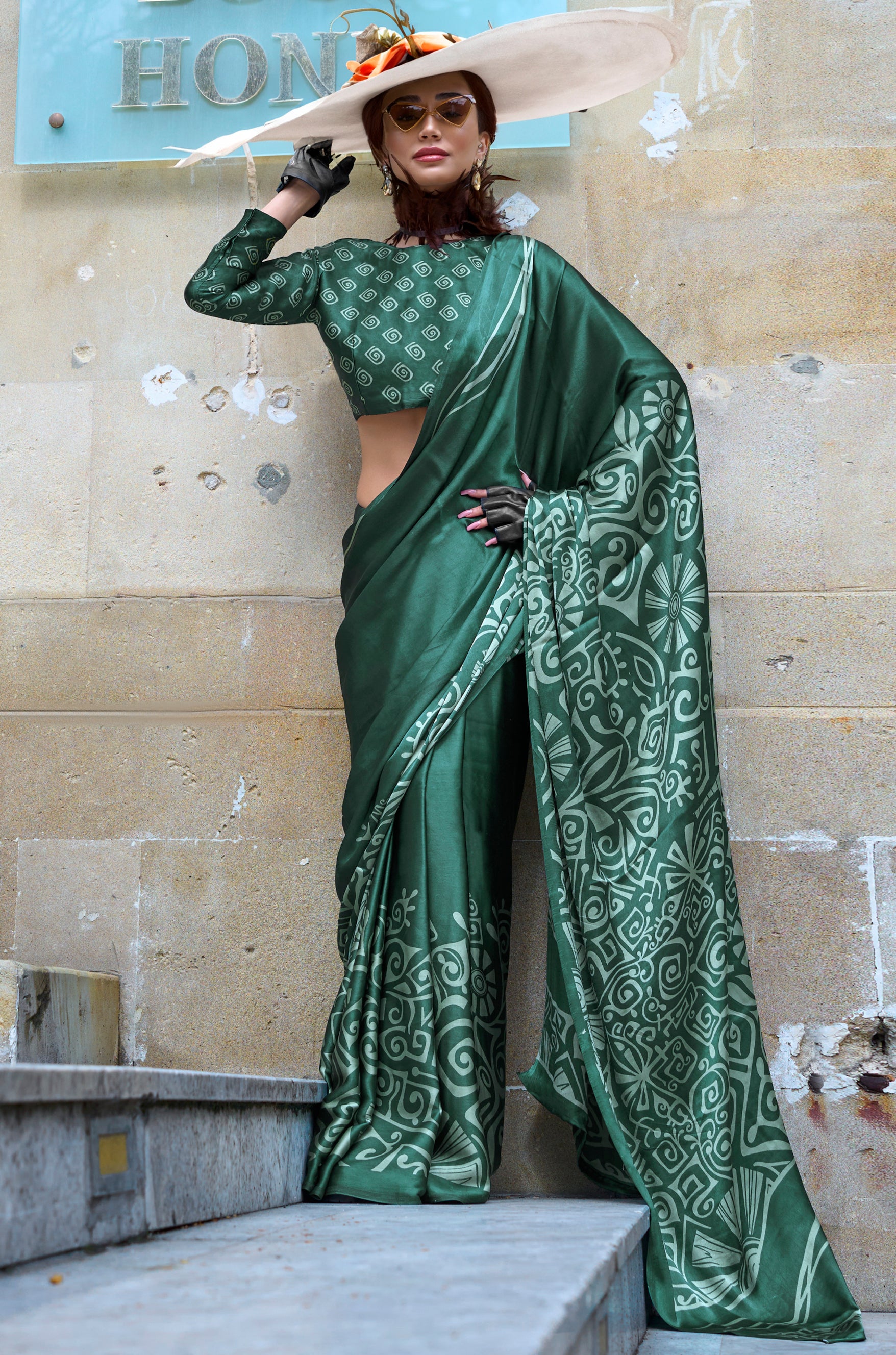 Green Satin Saree With Digital Print