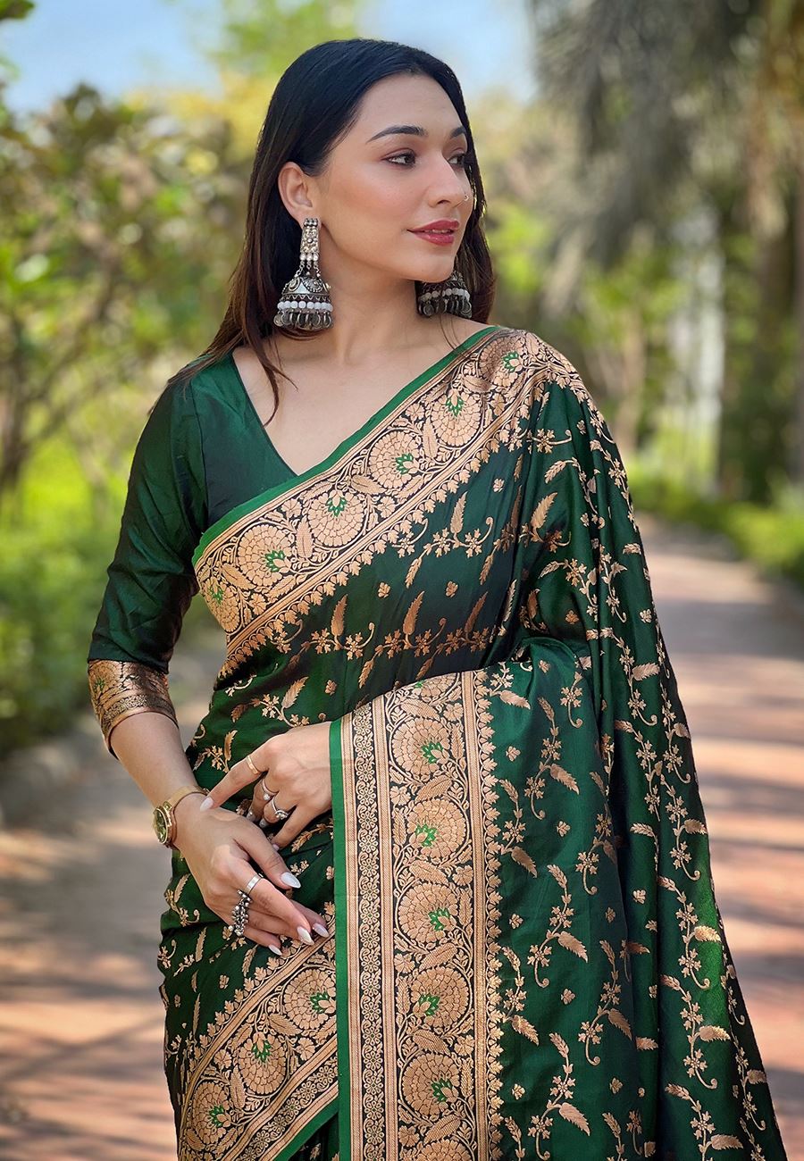 Green Satin Saree With Woven Work