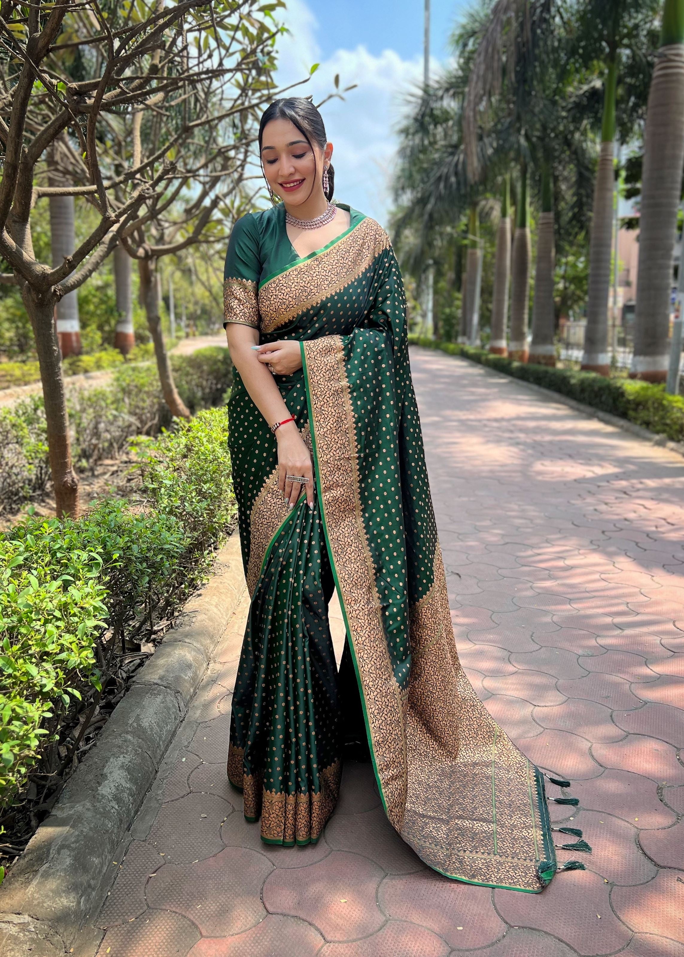 Green Satin Saree With Woven Work