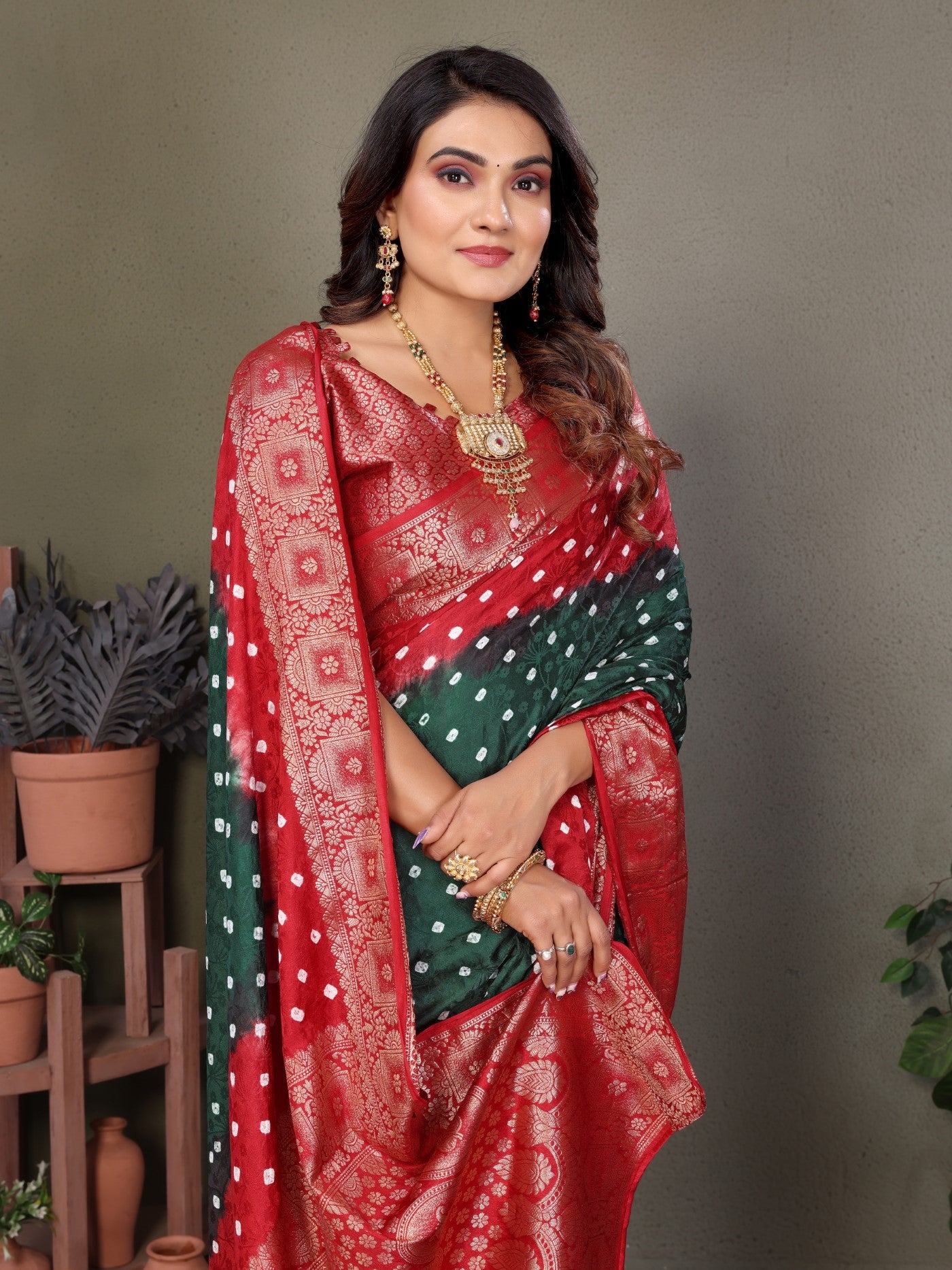 Green Satin Silk Saree With Designer Bandhej Zari Weaving