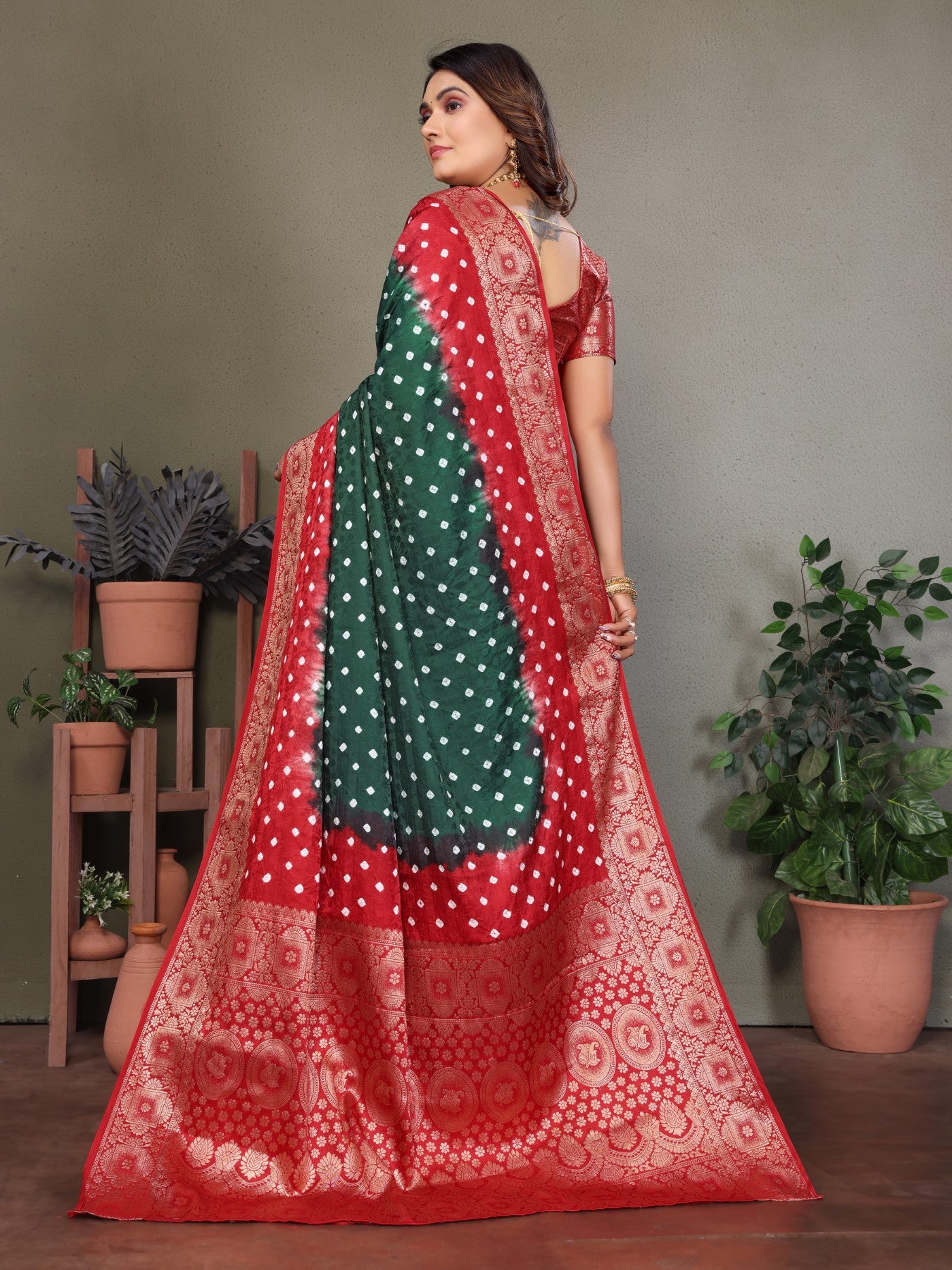 Green Satin Silk Saree With Designer Bandhej Zari Weaving