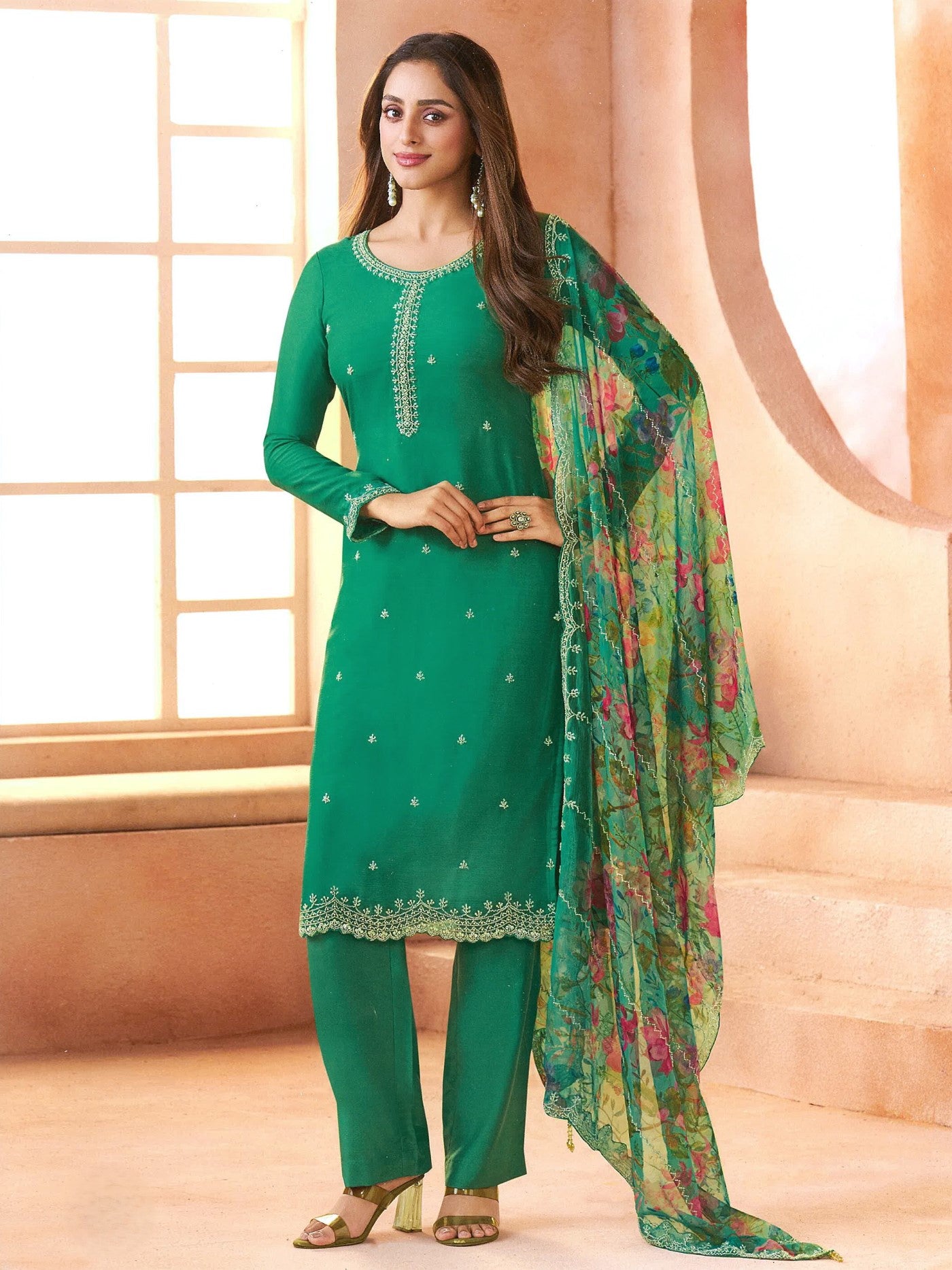 Green Siffon Designer Suit Set With Elegant Embroidery