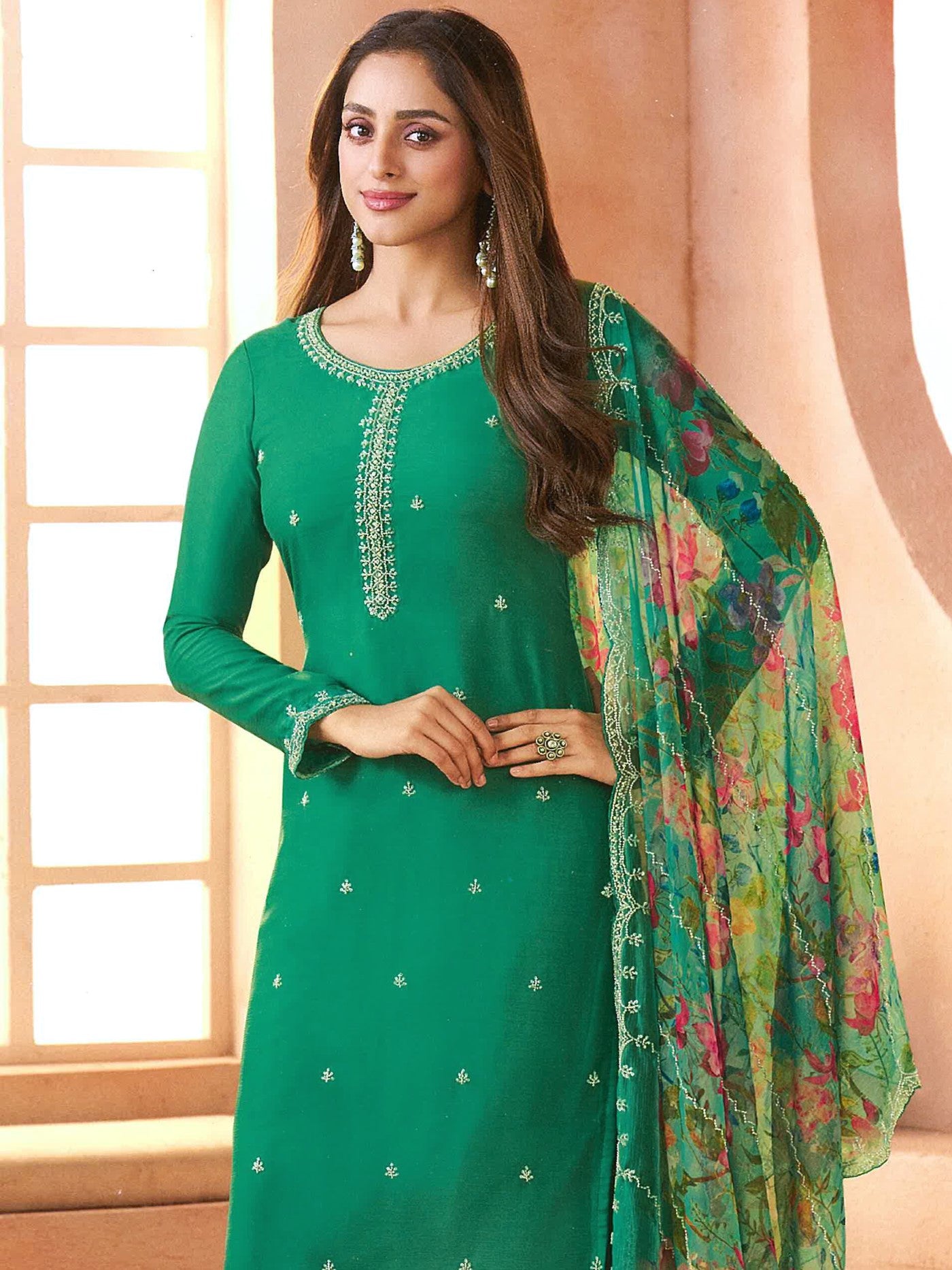 Green Siffon Designer Suit Set With Elegant Embroidery