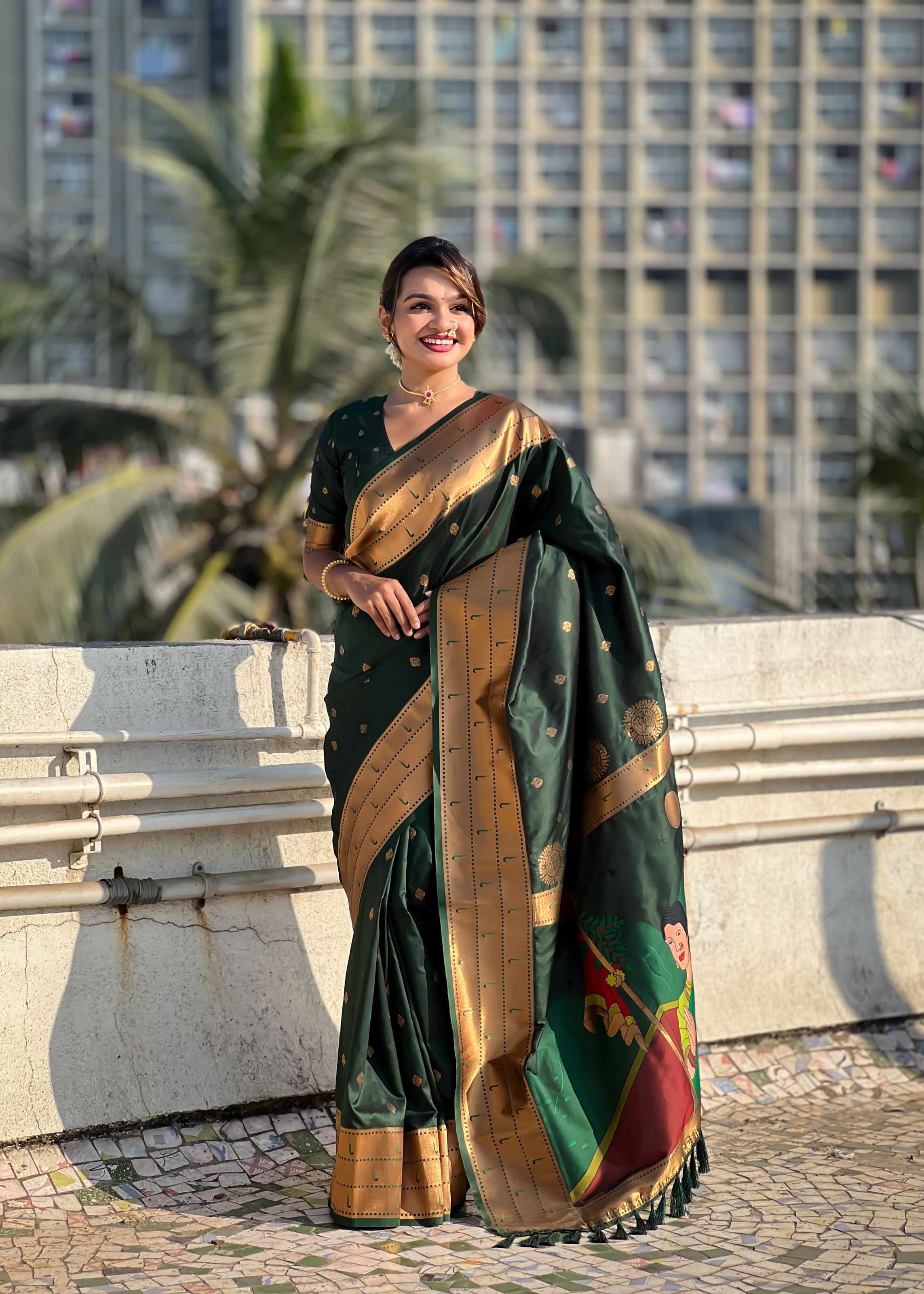 Green Silk Blend Paithani Saree With Gudi Padwa Print
