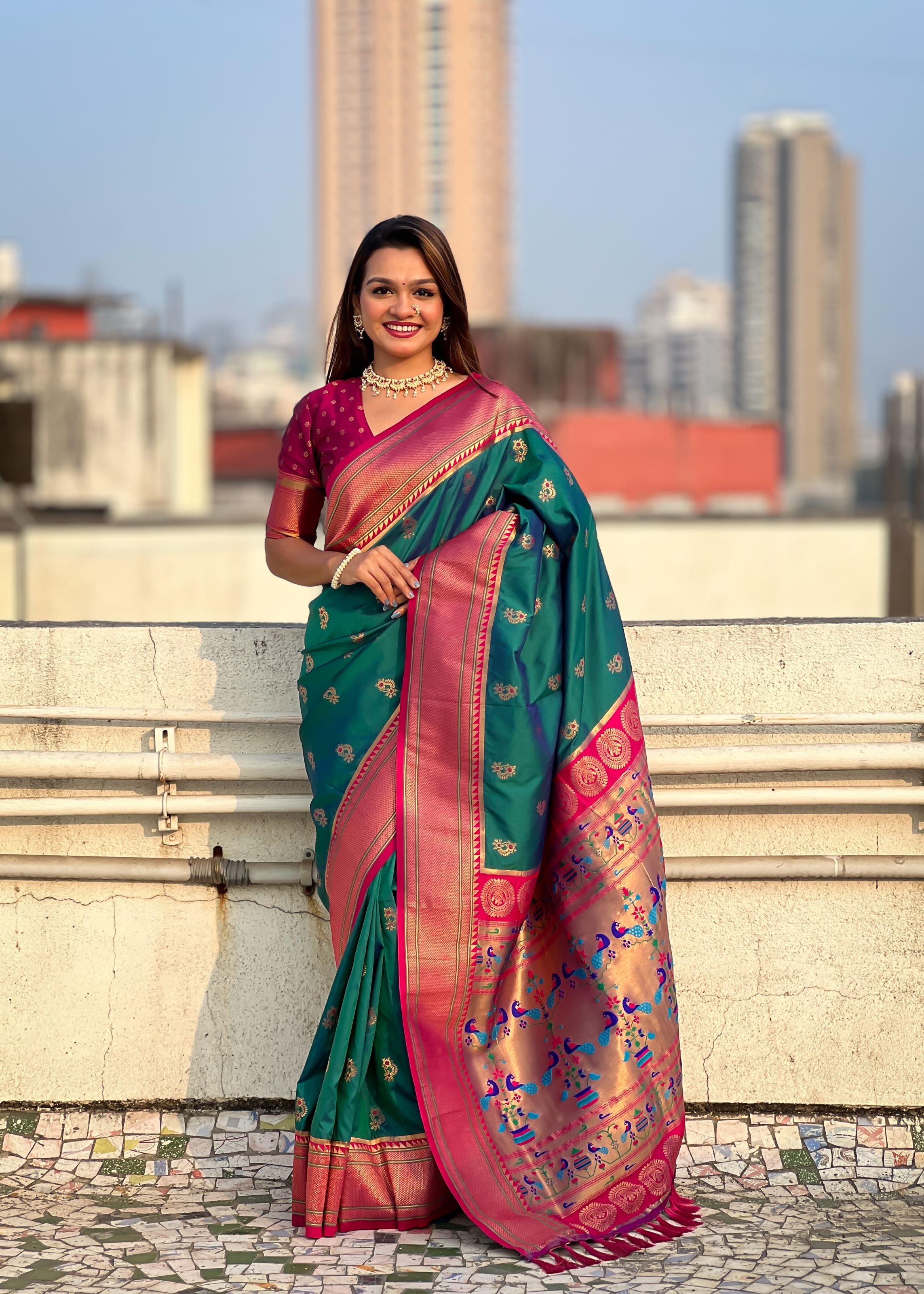 Green Silk Blend Paithani Saree With Woven Work