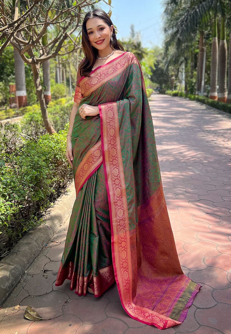 Green Silk Blend Saree With Zari and Woven Work