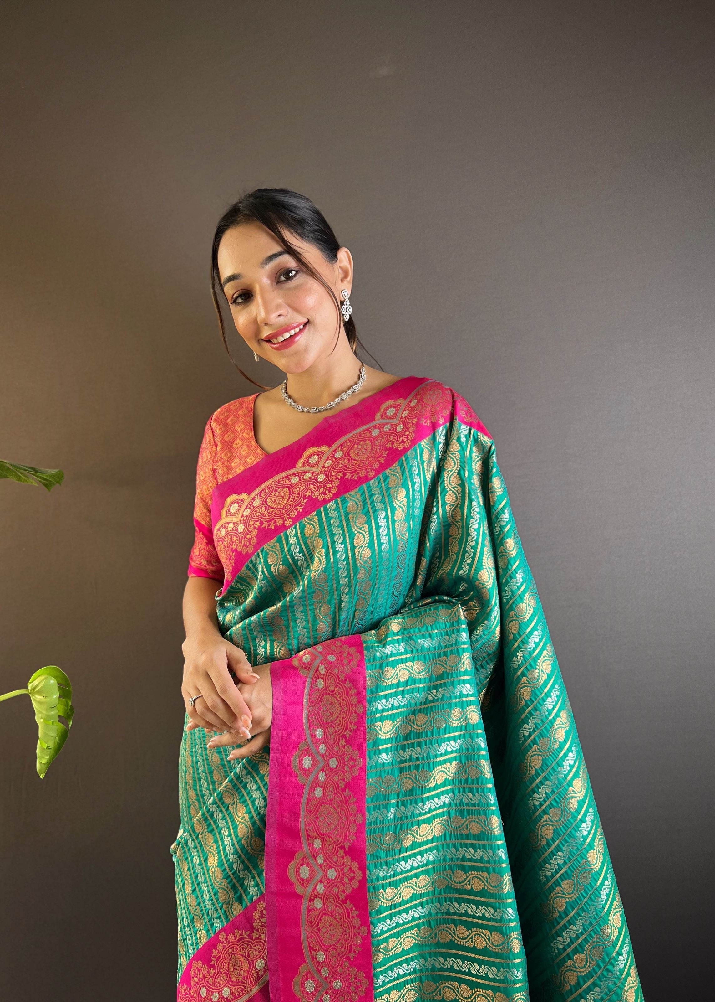 Green Silk Blend Saree With Zari and Woven Work