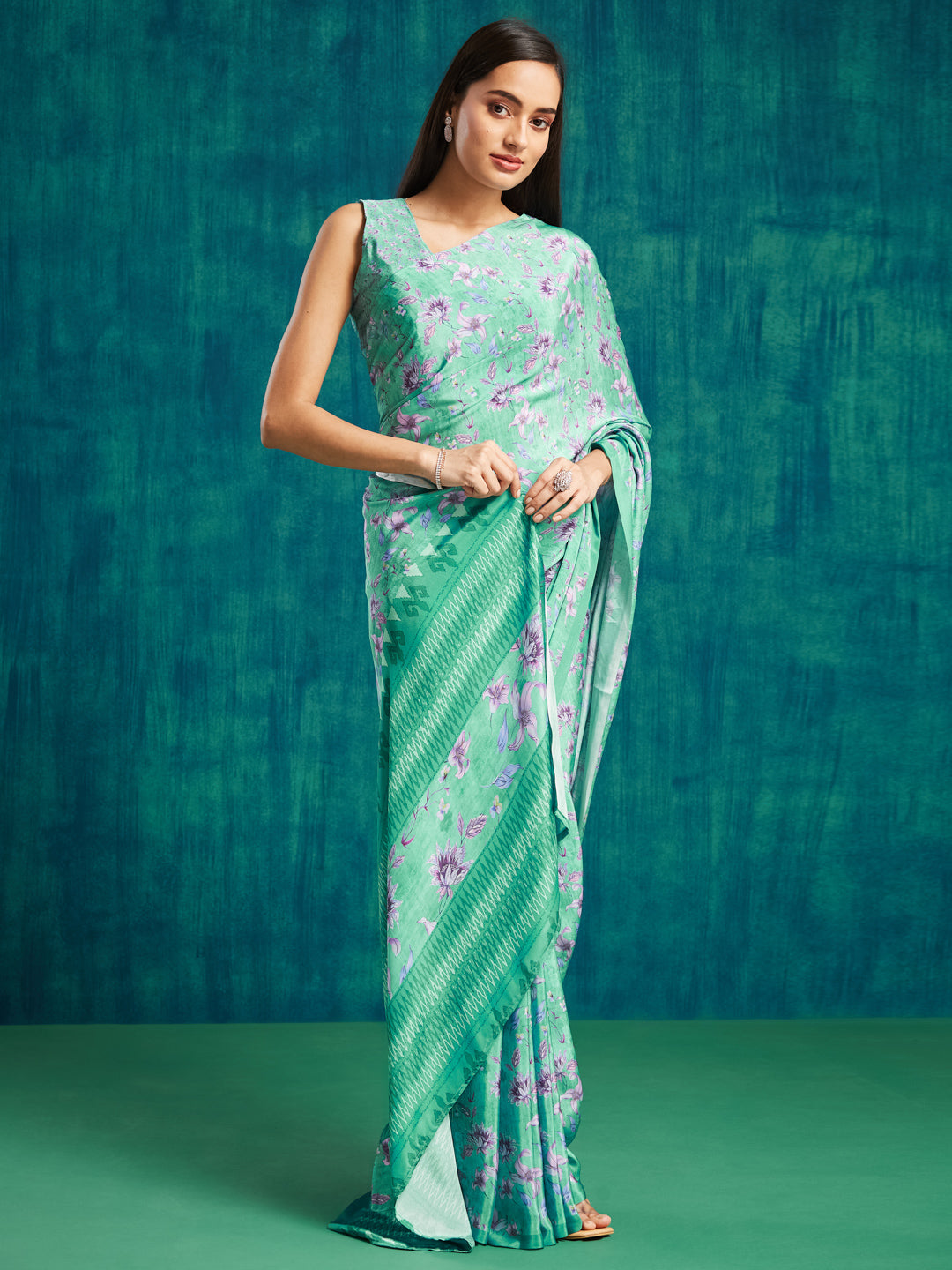 Green Silk Crepe Designer Printed Ready To Wear Saree