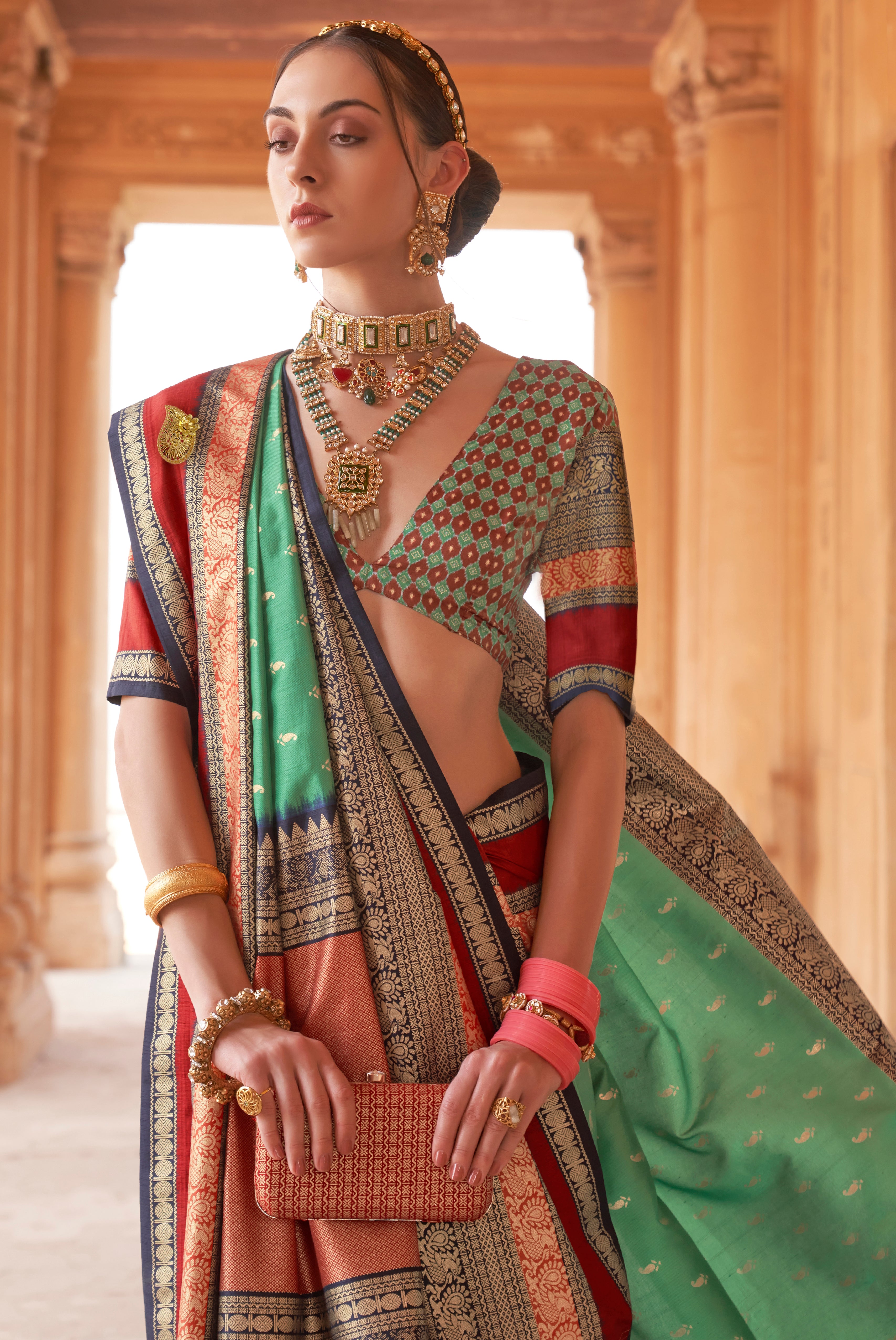 Green Silk Saree with Jacquard Woven Work