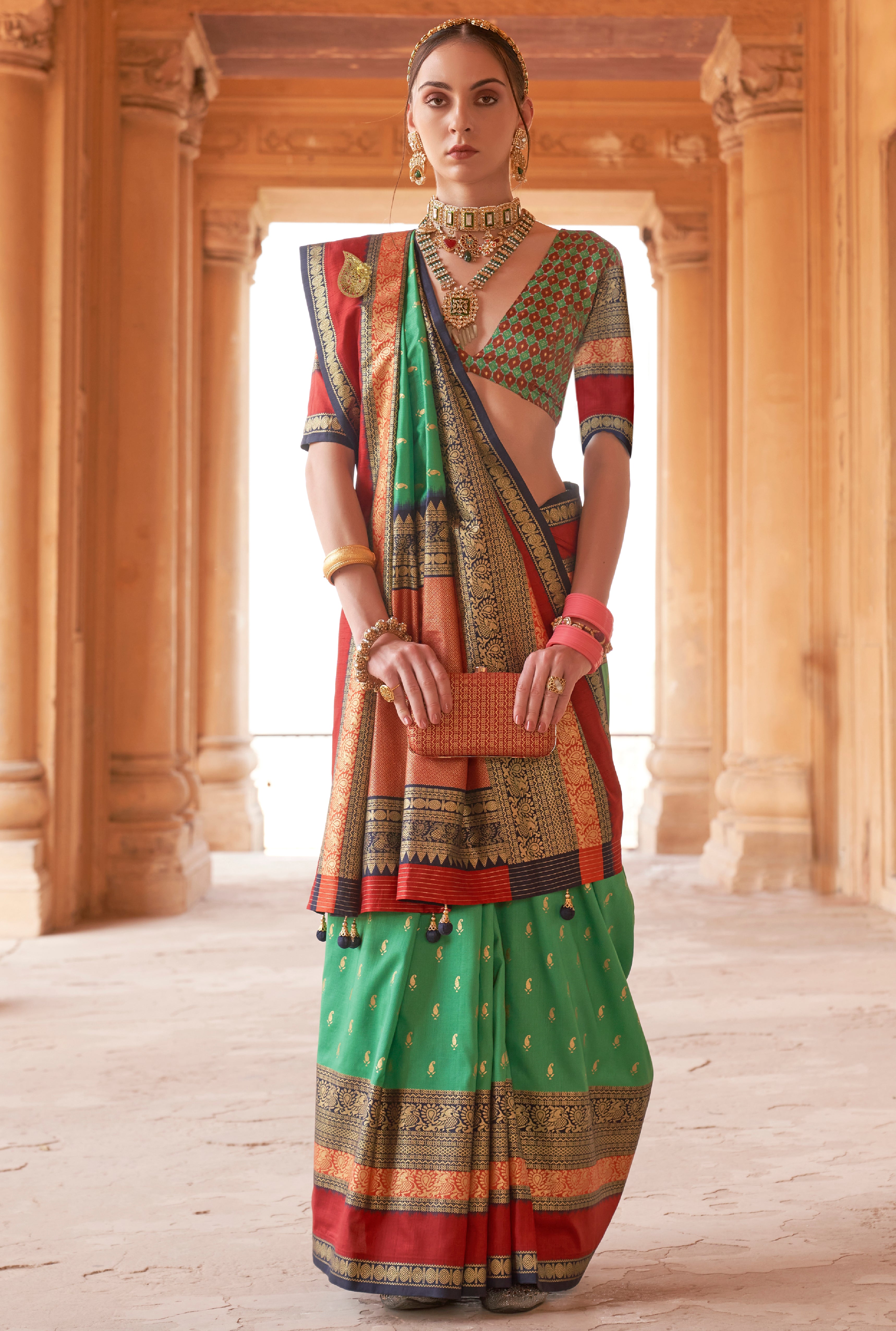 Green Silk Saree with Jacquard Woven Work