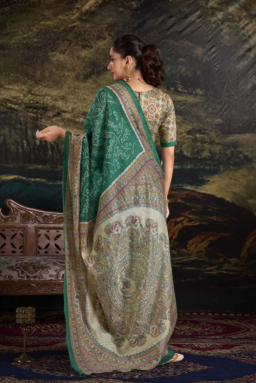 Green Silk Saree with Madhubani & Bandhej Magic