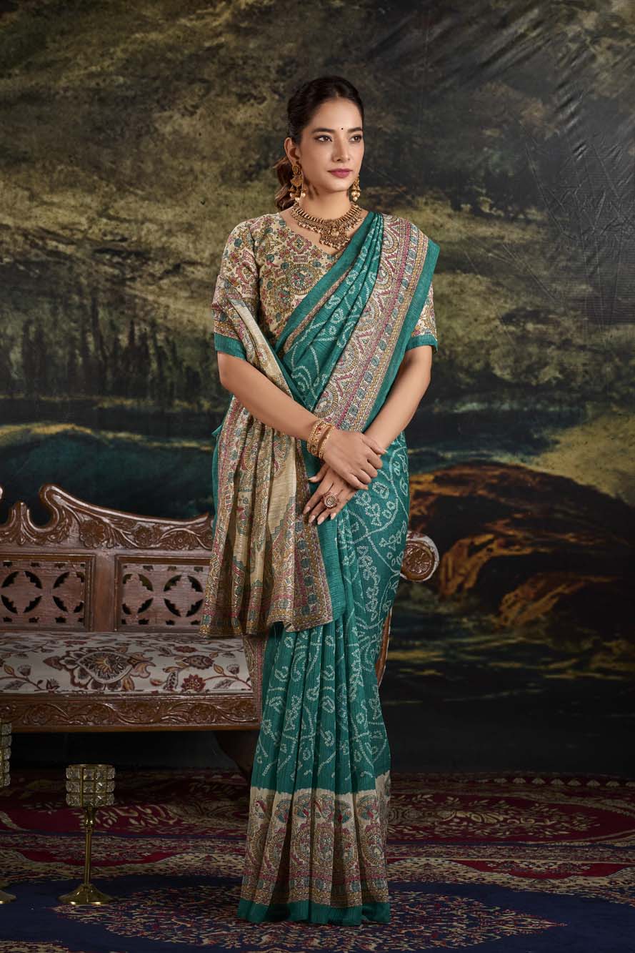 Green Silk Saree with Madhubani & Bandhej Magic