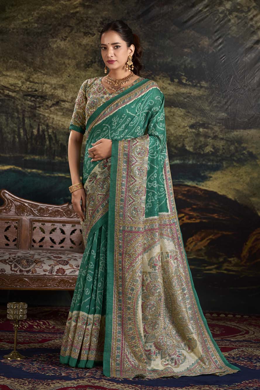 Green Silk Saree with Madhubani & Bandhej Magic