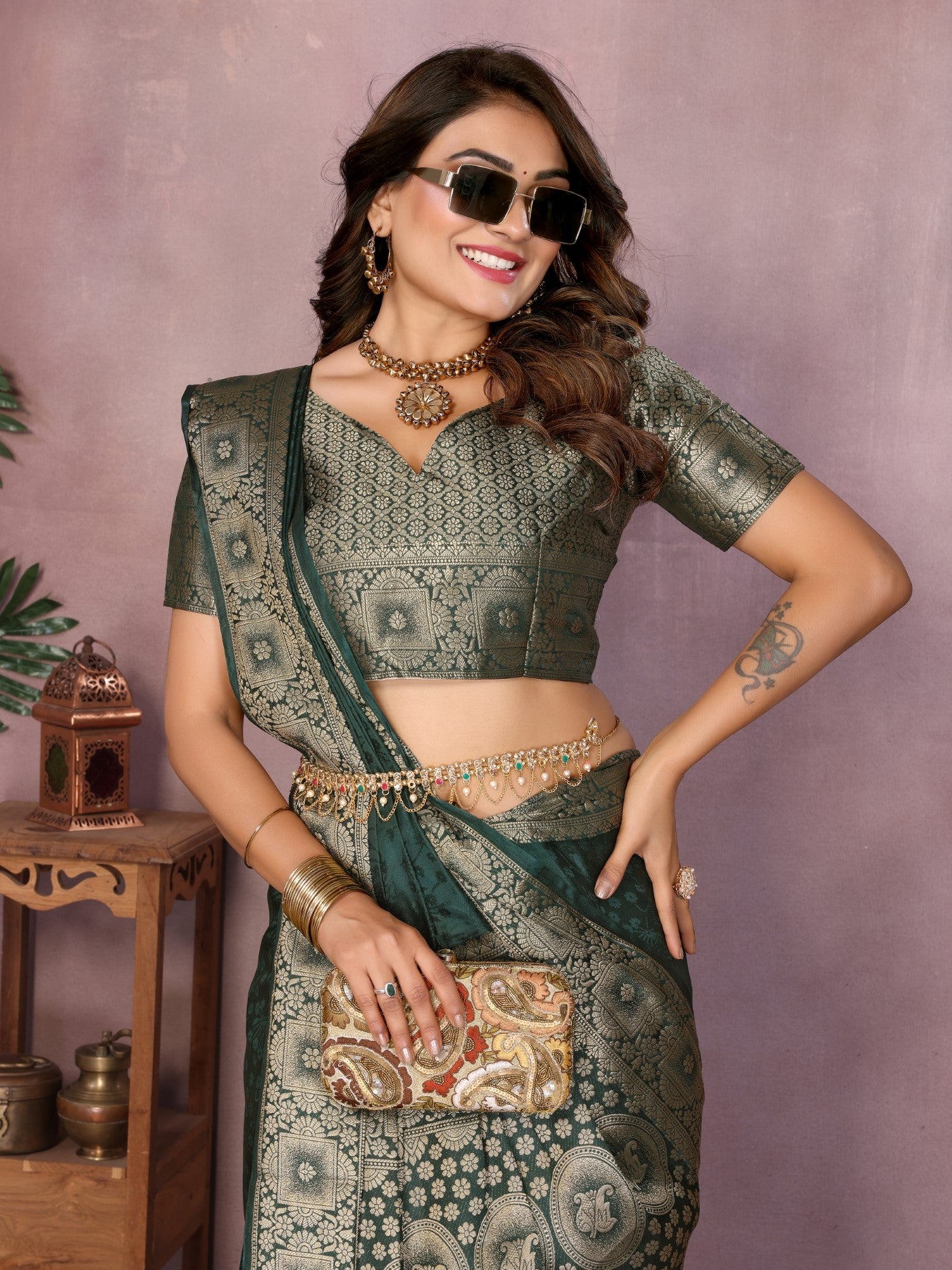 Green Soft Satin Silk Saree With Elegant Zari Weaving