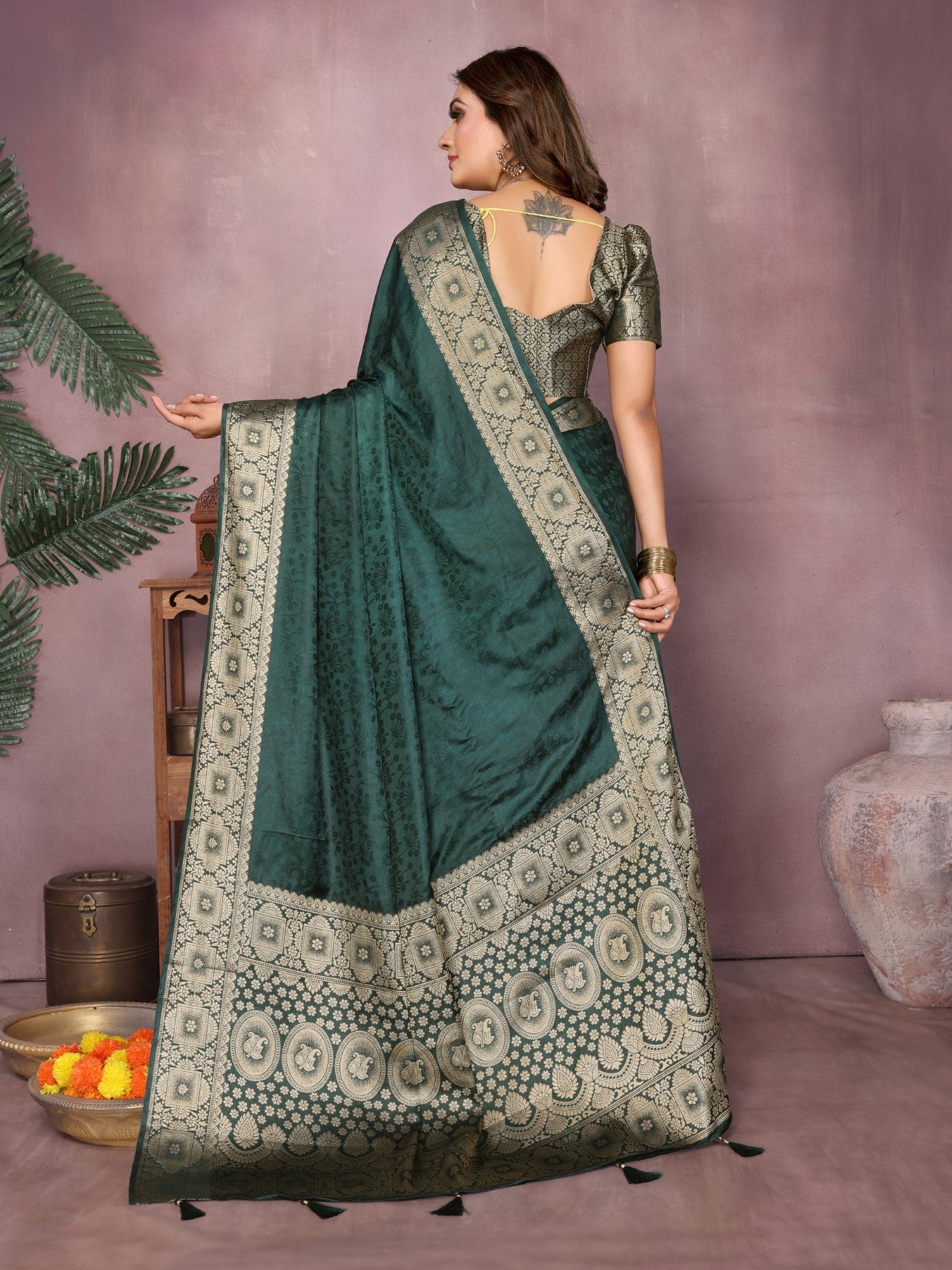 Green Soft Satin Silk Saree With Elegant Zari Weaving