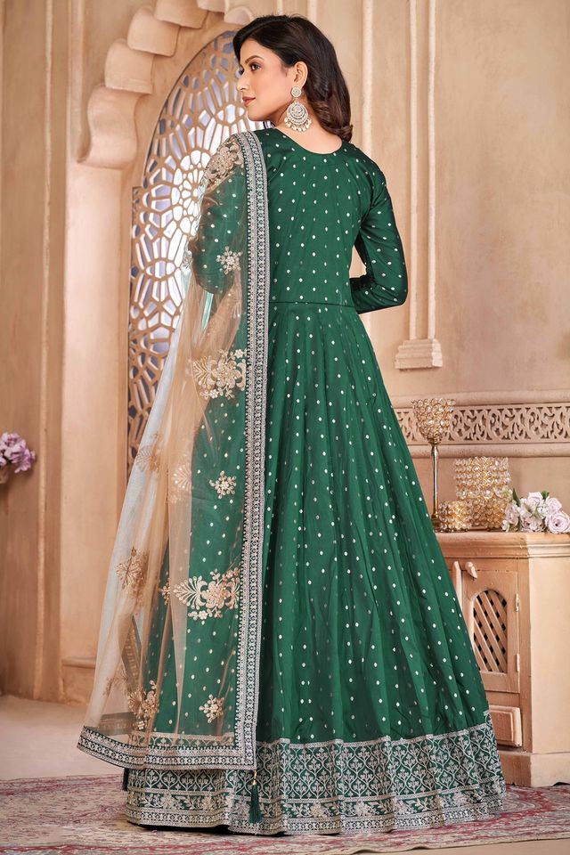 Green Taffeta Butti Heavy Thread Embroidery Sequins Work Anarkali Suits