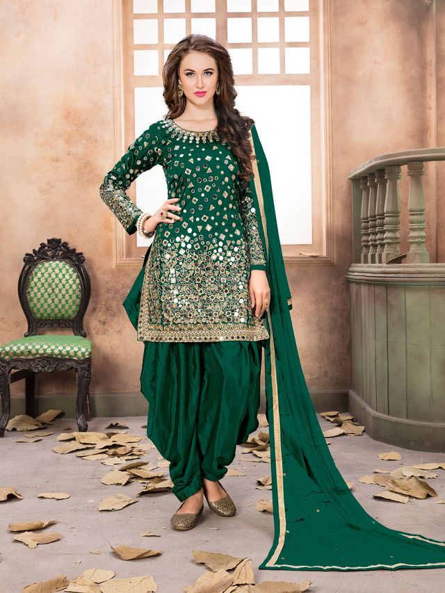 Green Taffeta Silk embroidered Patiala Suits