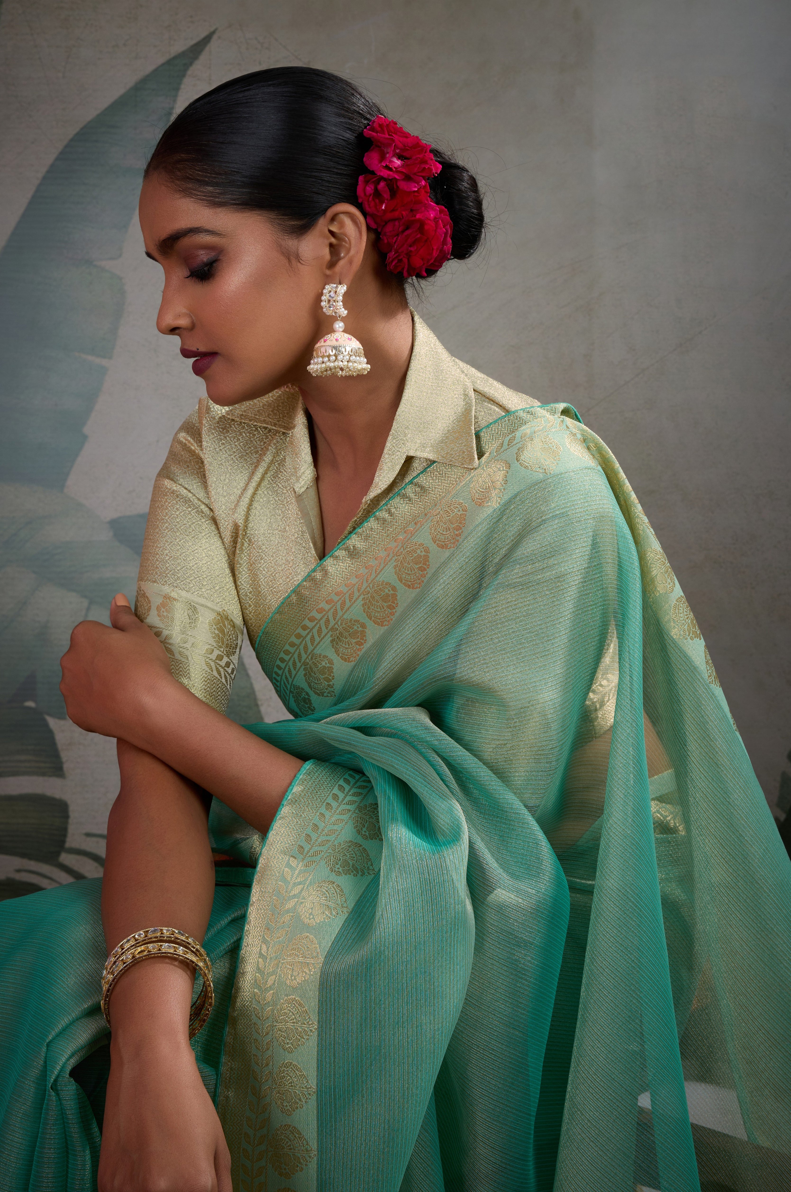 Green Tissue Saree with Woven Patta Work