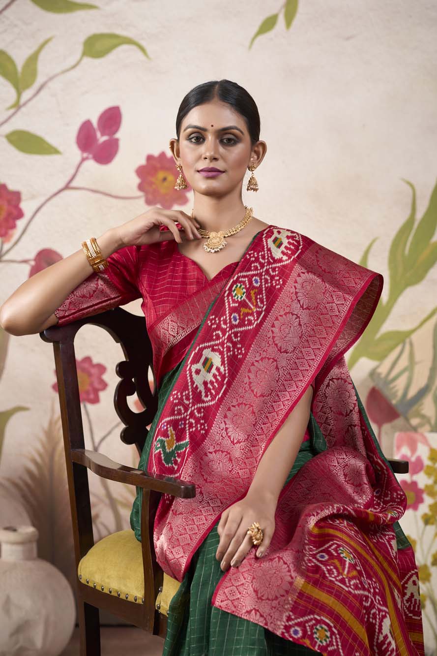 Green Tussar Chex Saree with Patola Print & Weaving Border