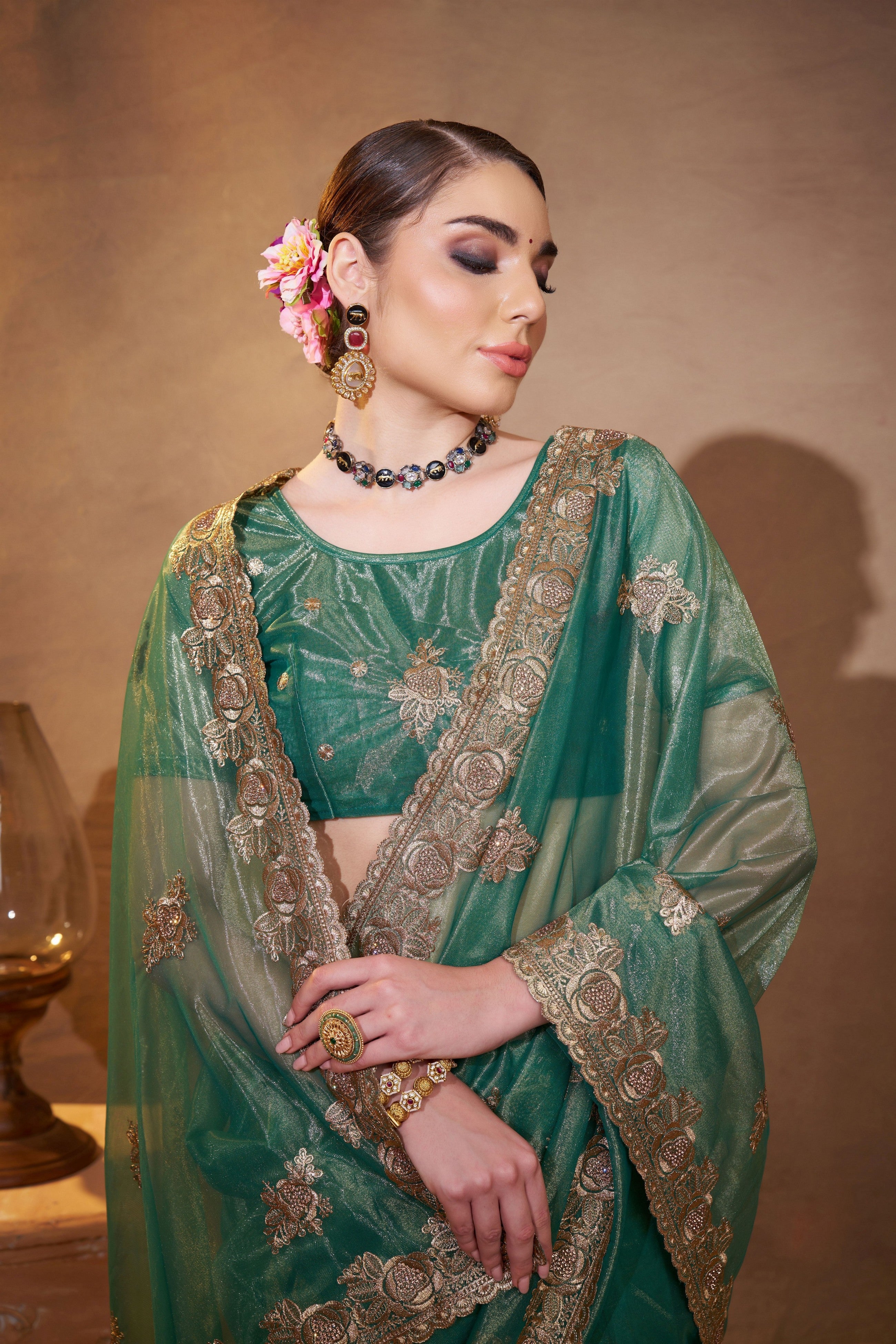 Green Vichitra Silk Designer Embroidery Work Partywear Saree