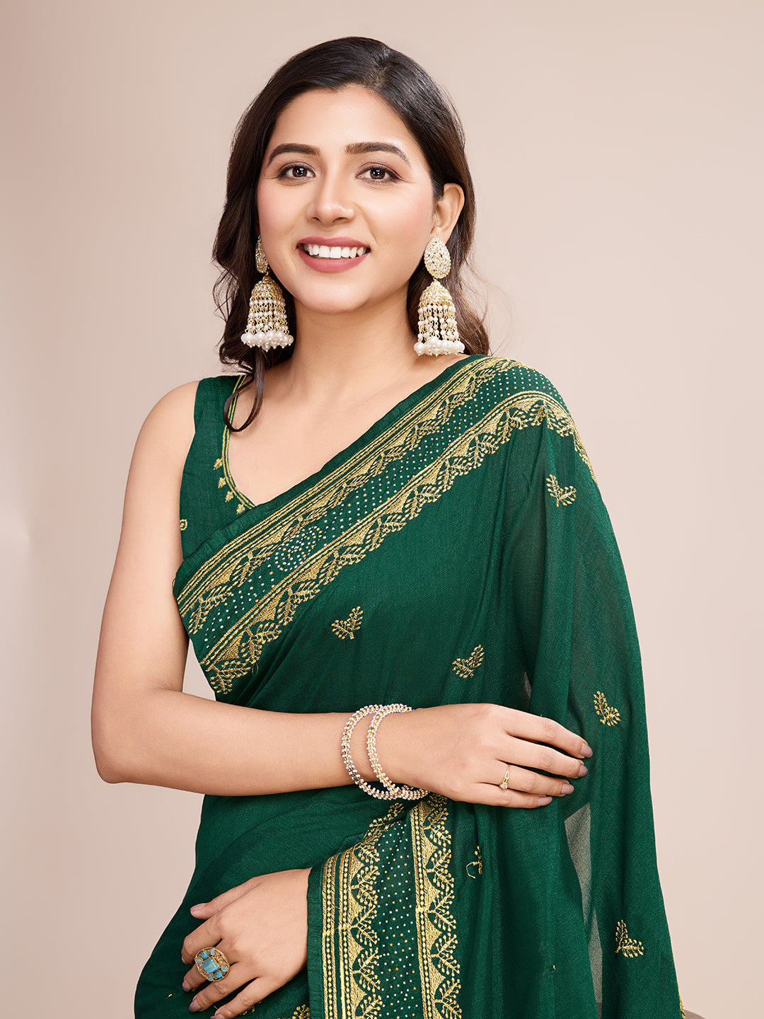 Green Vichitra Silk Girlie Looks Designer Embroidery Work Wedding Season Saree