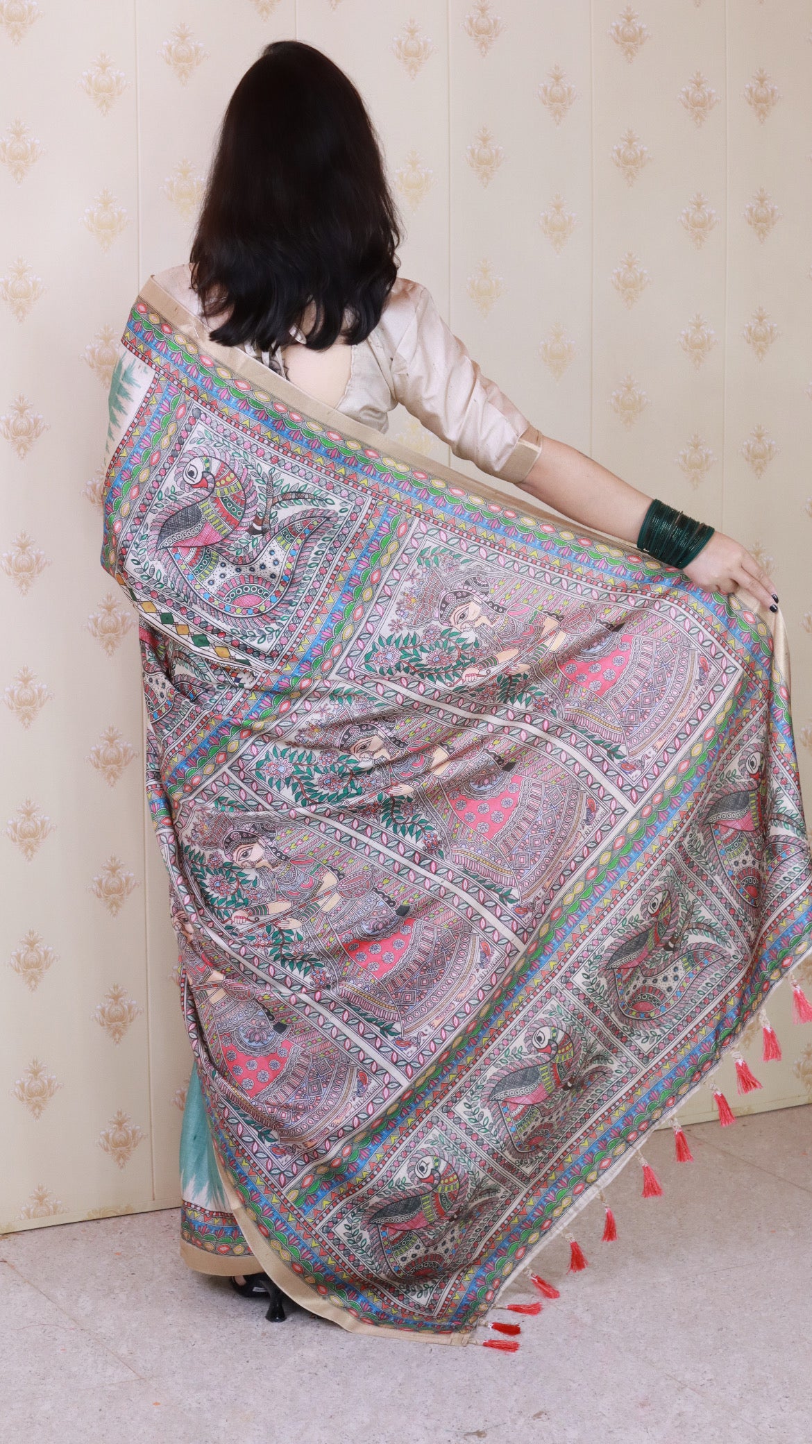 Green Woven Jari Border Designer Madhubani Digital Printed Ethnic Tussar Silk Saree