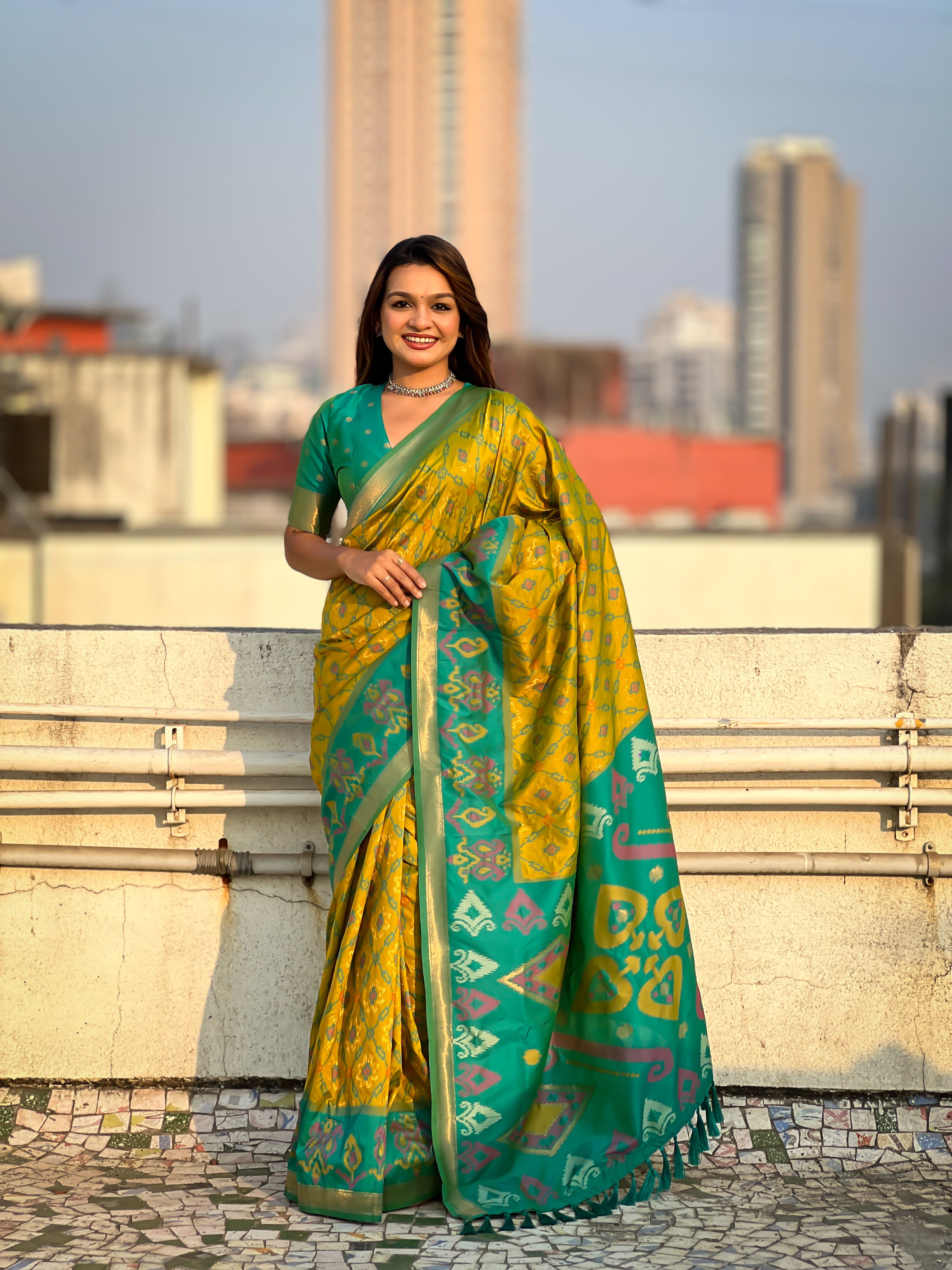 Green Woven Meenakari Ikkat Designer Patola Silk Ceremonial Saree