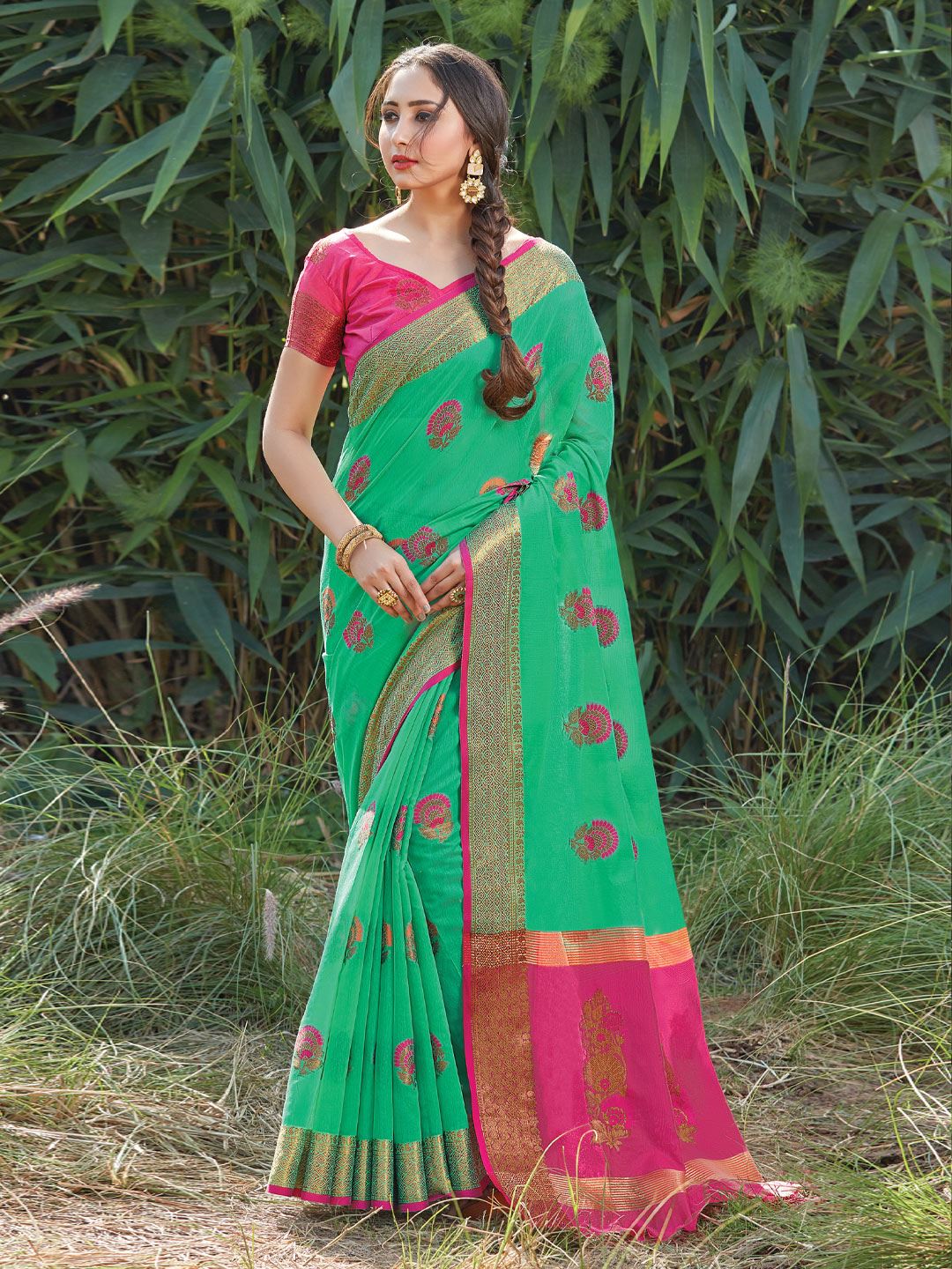 Gren color Cotton Handloom Saree