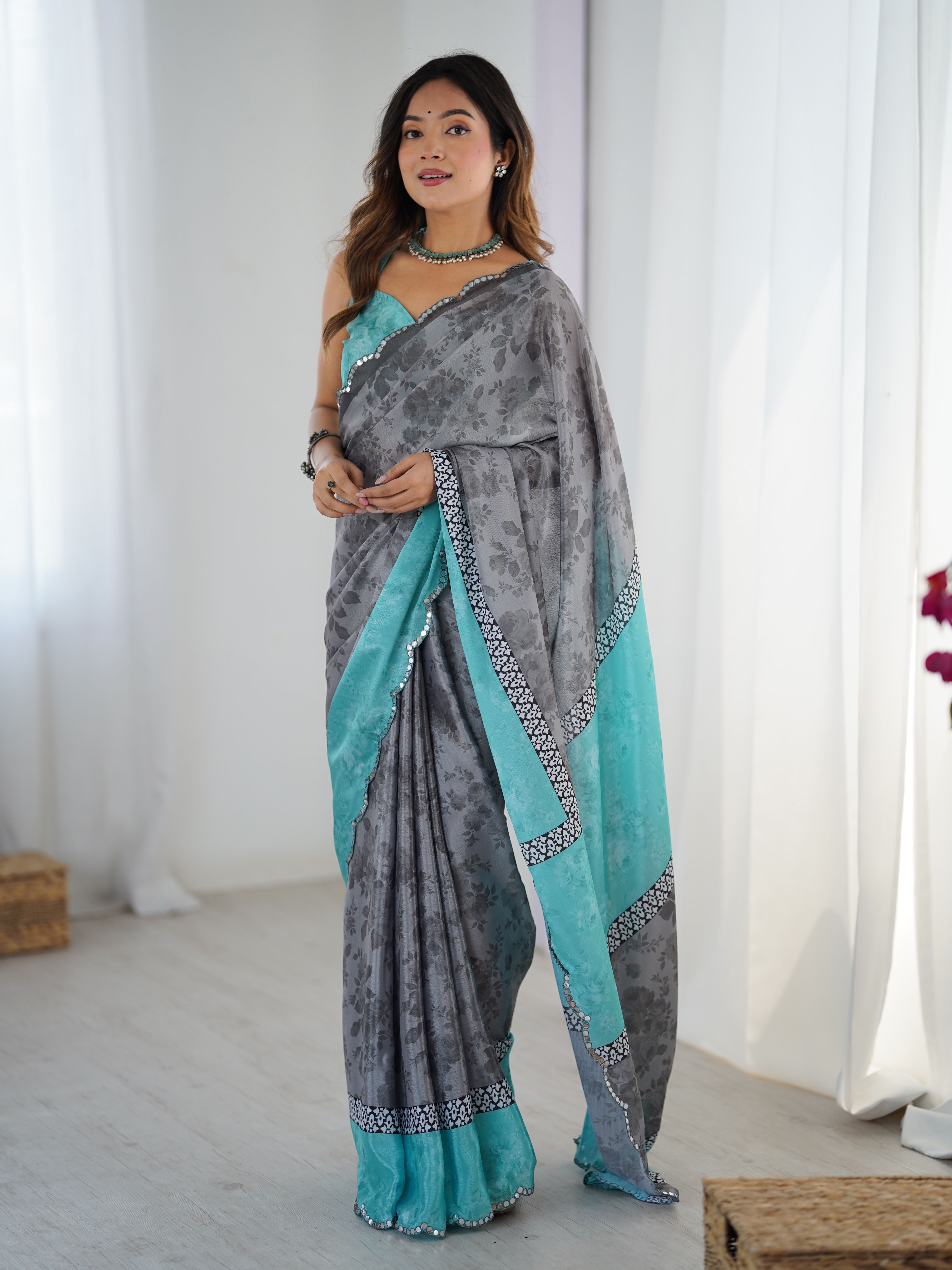 Grey Beautiful Chinon Smart Printed Festive Wear Ceremonial Saree