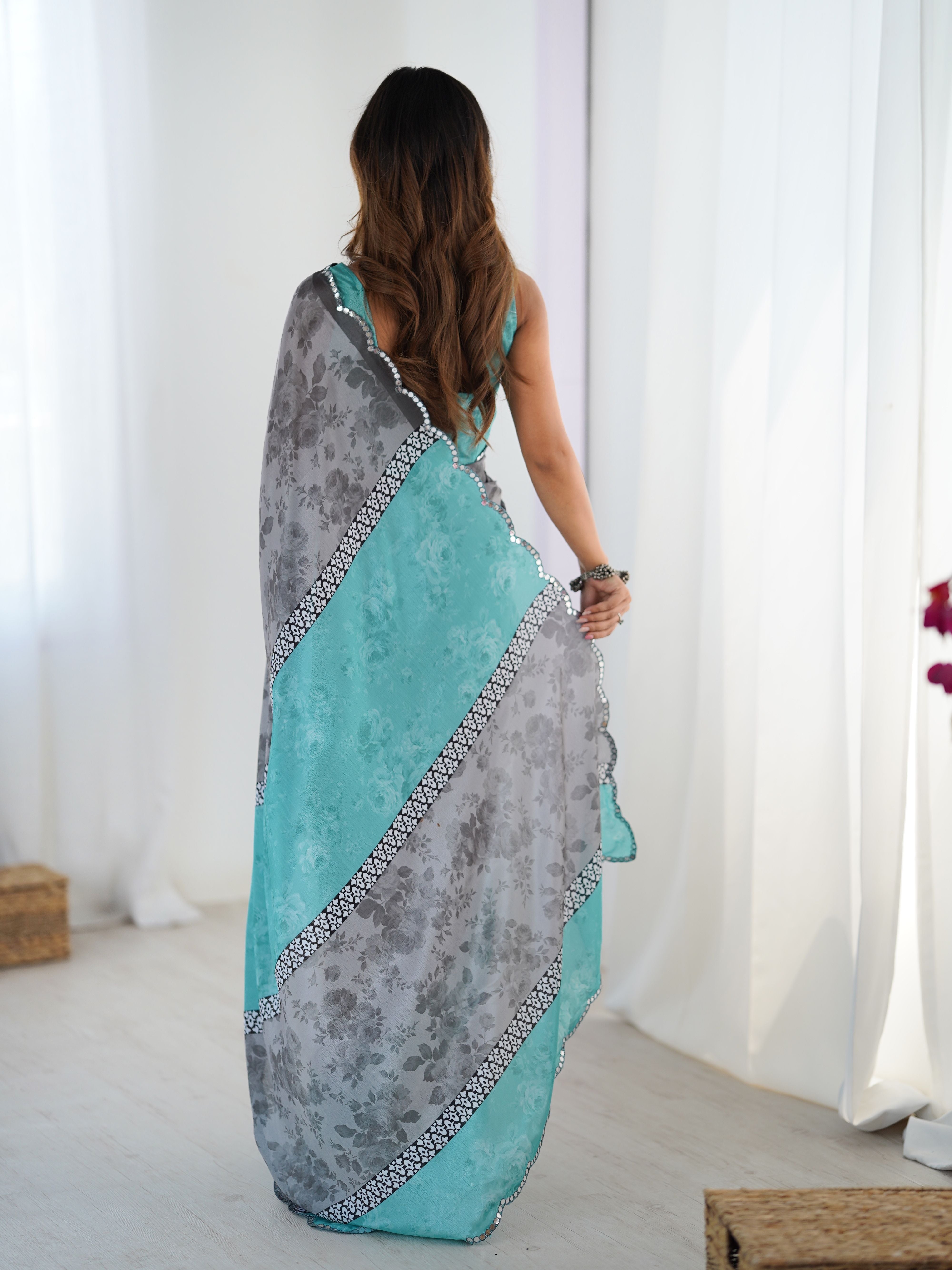 Grey Beautiful Chinon Smart Printed Festive Wear Ceremonial Saree