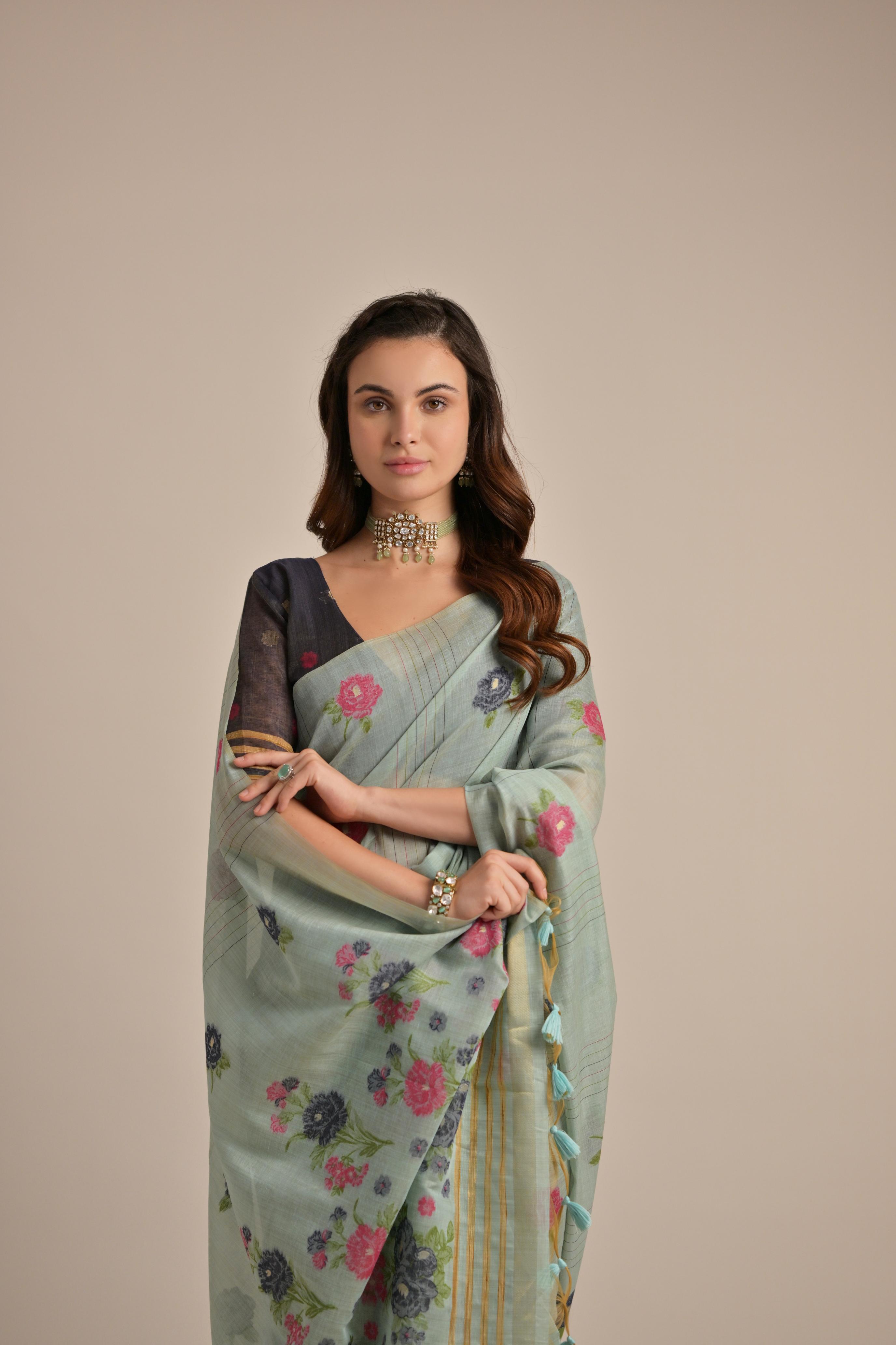 Grey Beautiful Girly Looks Multy Floral Weaving Designer Muga Cotton Saree