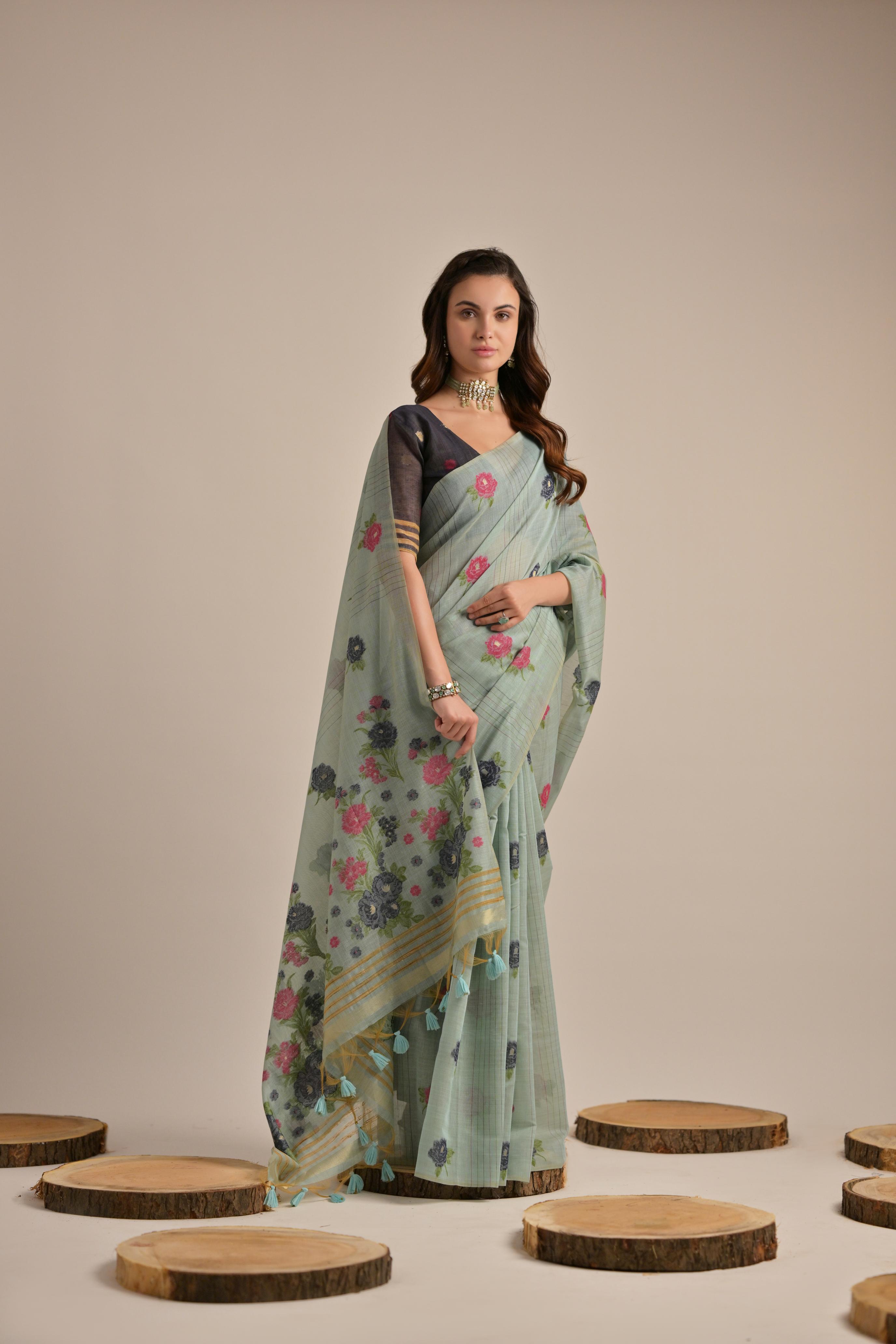 Grey Beautiful Girly Looks Multy Floral Weaving Designer Muga Cotton Saree