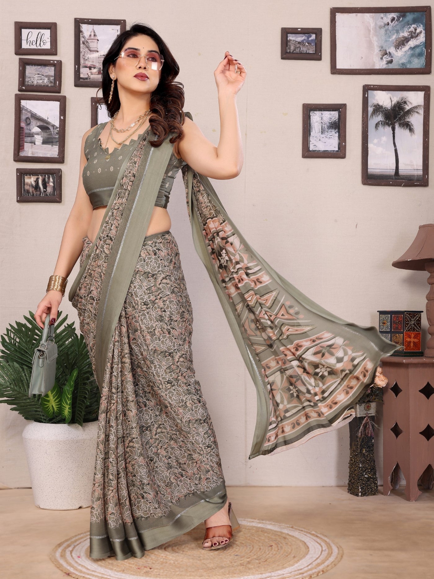 Grey Bright Moss Printed Saree With Zari Work