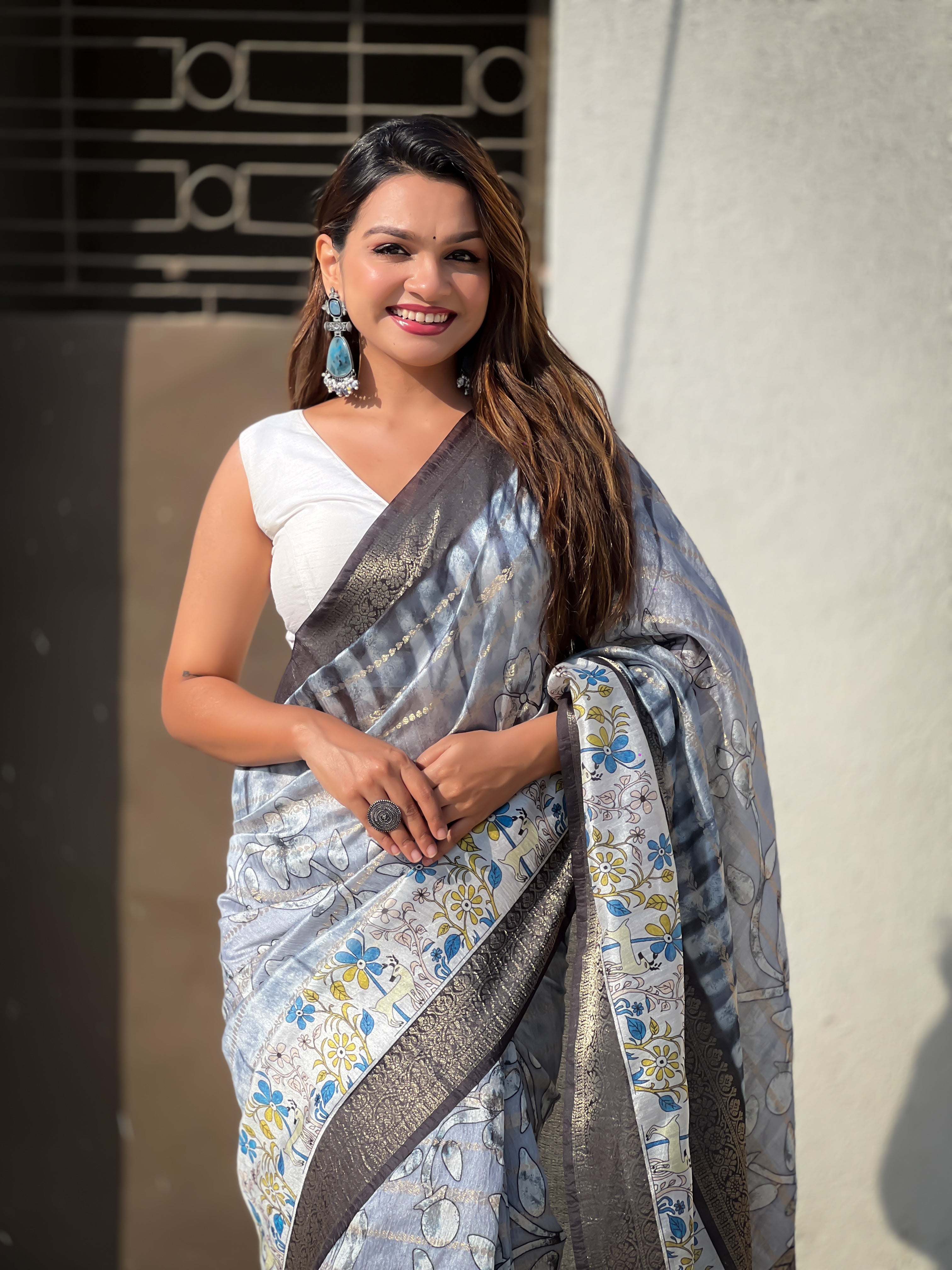 Grey Chanderi Crush Printed With Woven Jari Designer Elegant Sophisticated Saree