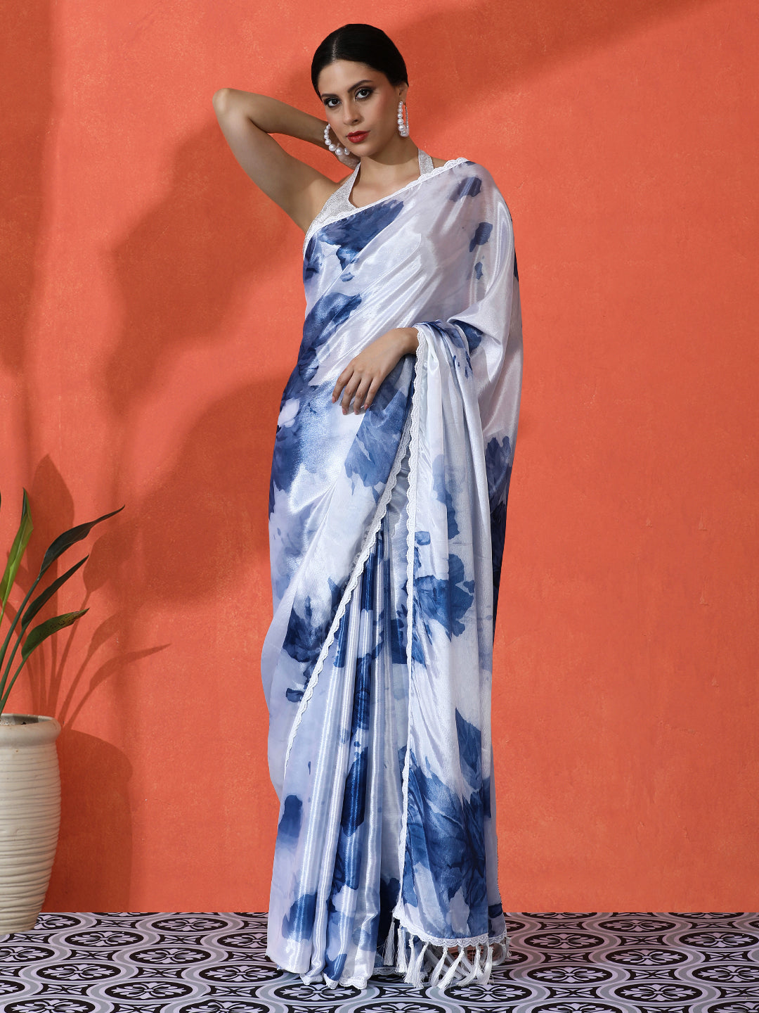 Grey Chinon Designer Digital Printed Saree For Ceremonial Looks
