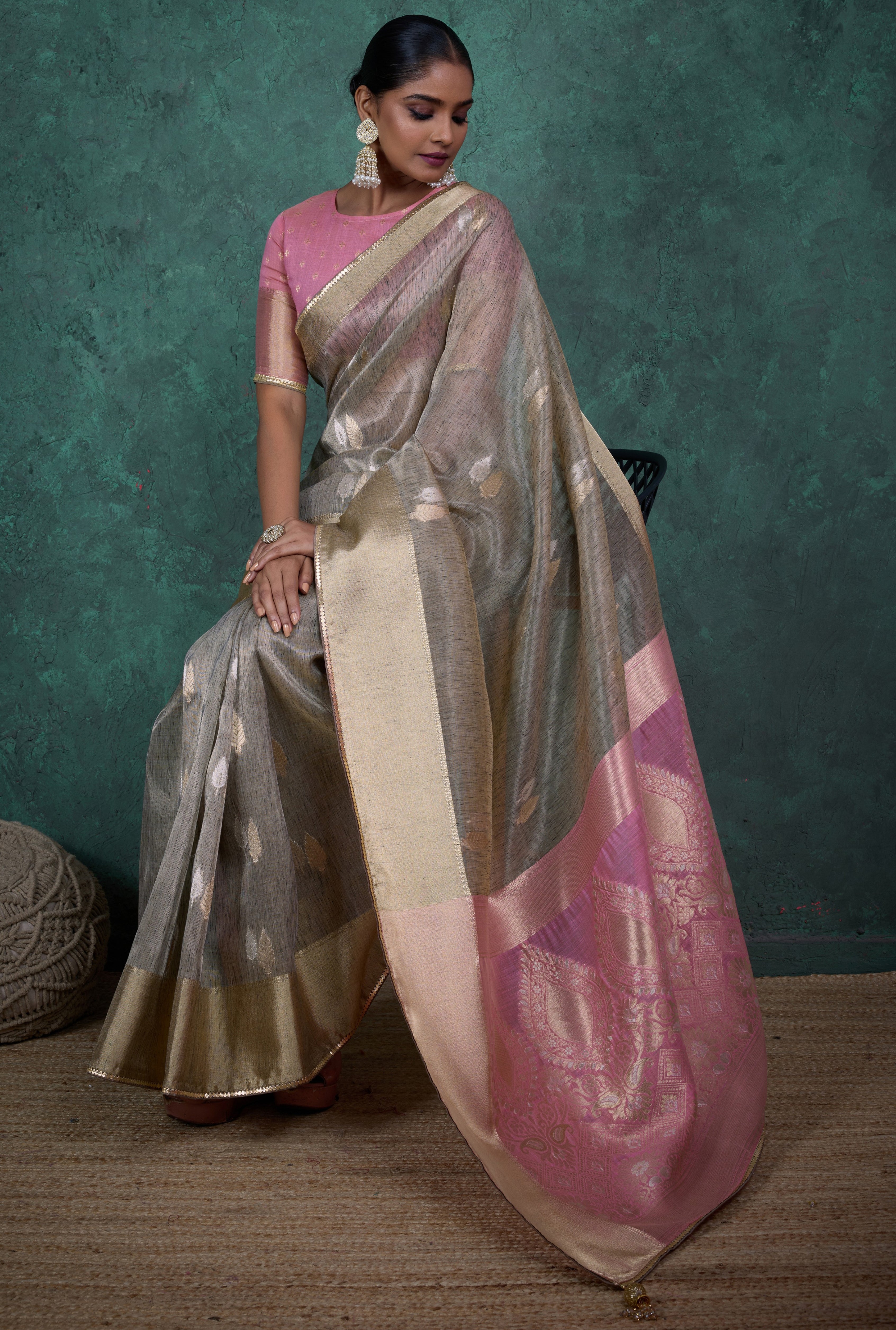 Grey Color Linen Blend Saree With Self Woven Butta