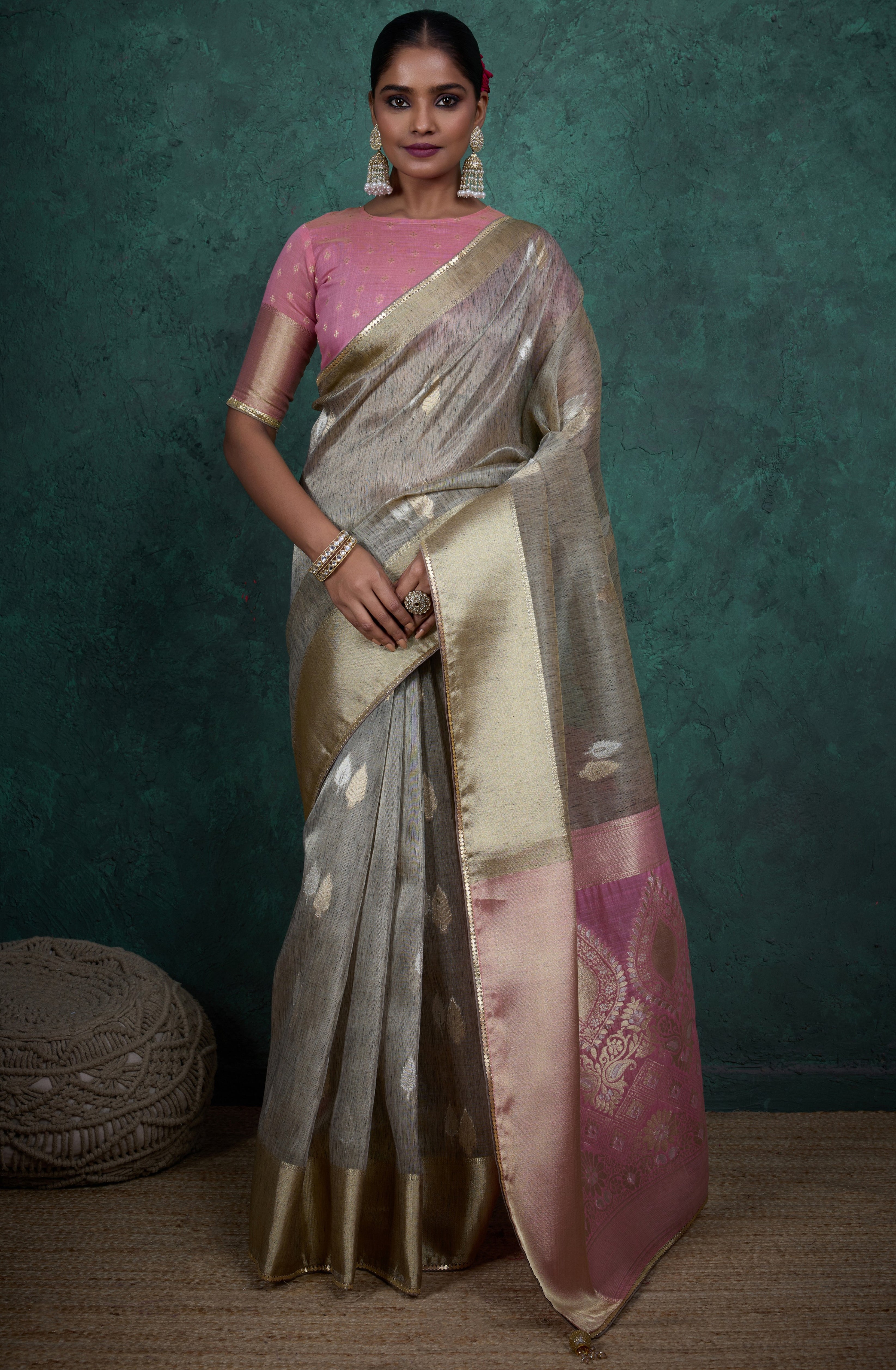 Grey Color Linen Blend Saree With Self Woven Butta
