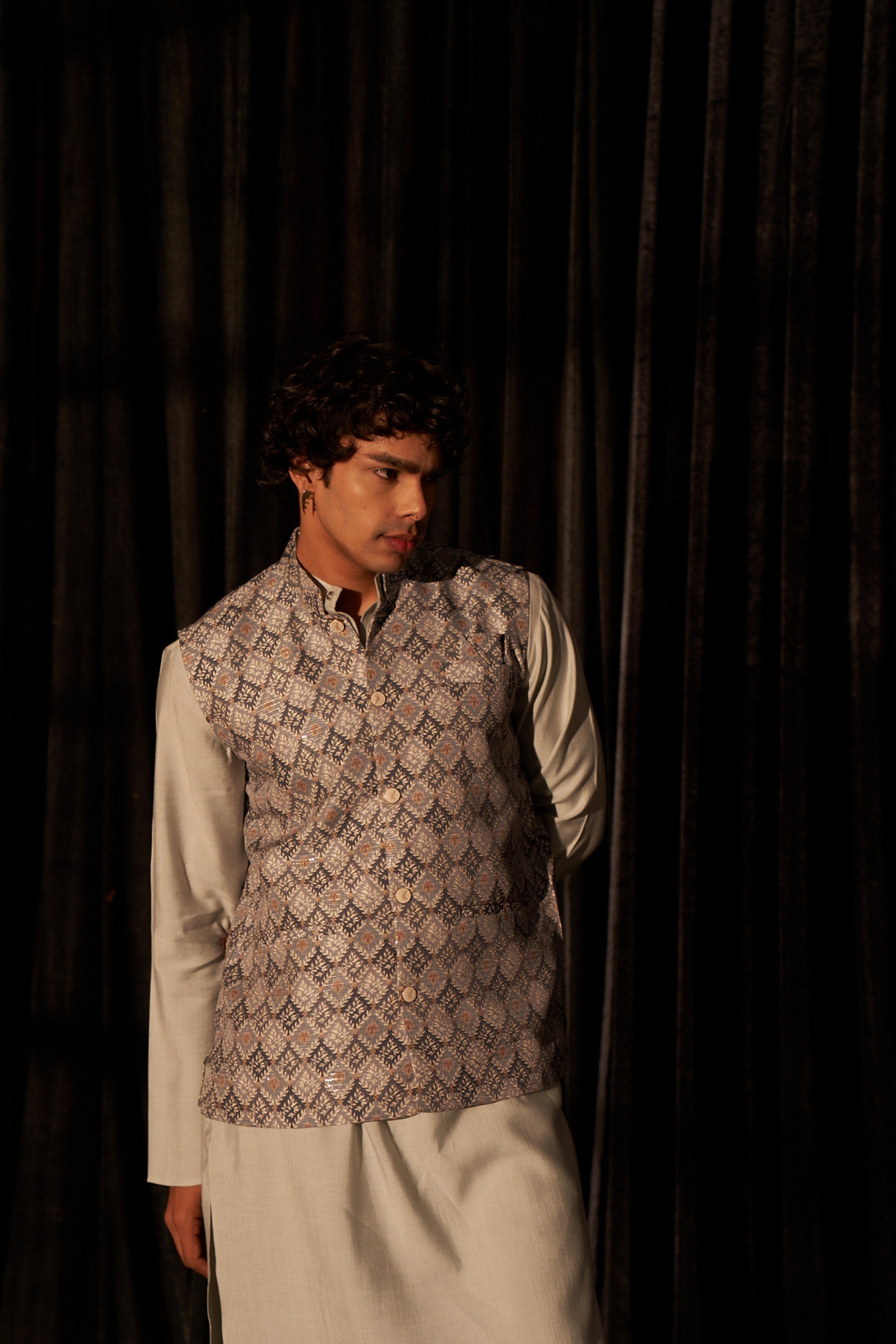 Grey Color Printed Ethnic Jacket – Subtle Yet Stylish Ceremonial Look