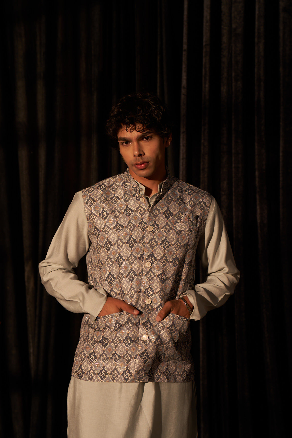 Grey Color Printed Ethnic Jacket – Subtle Yet Stylish Ceremonial Look