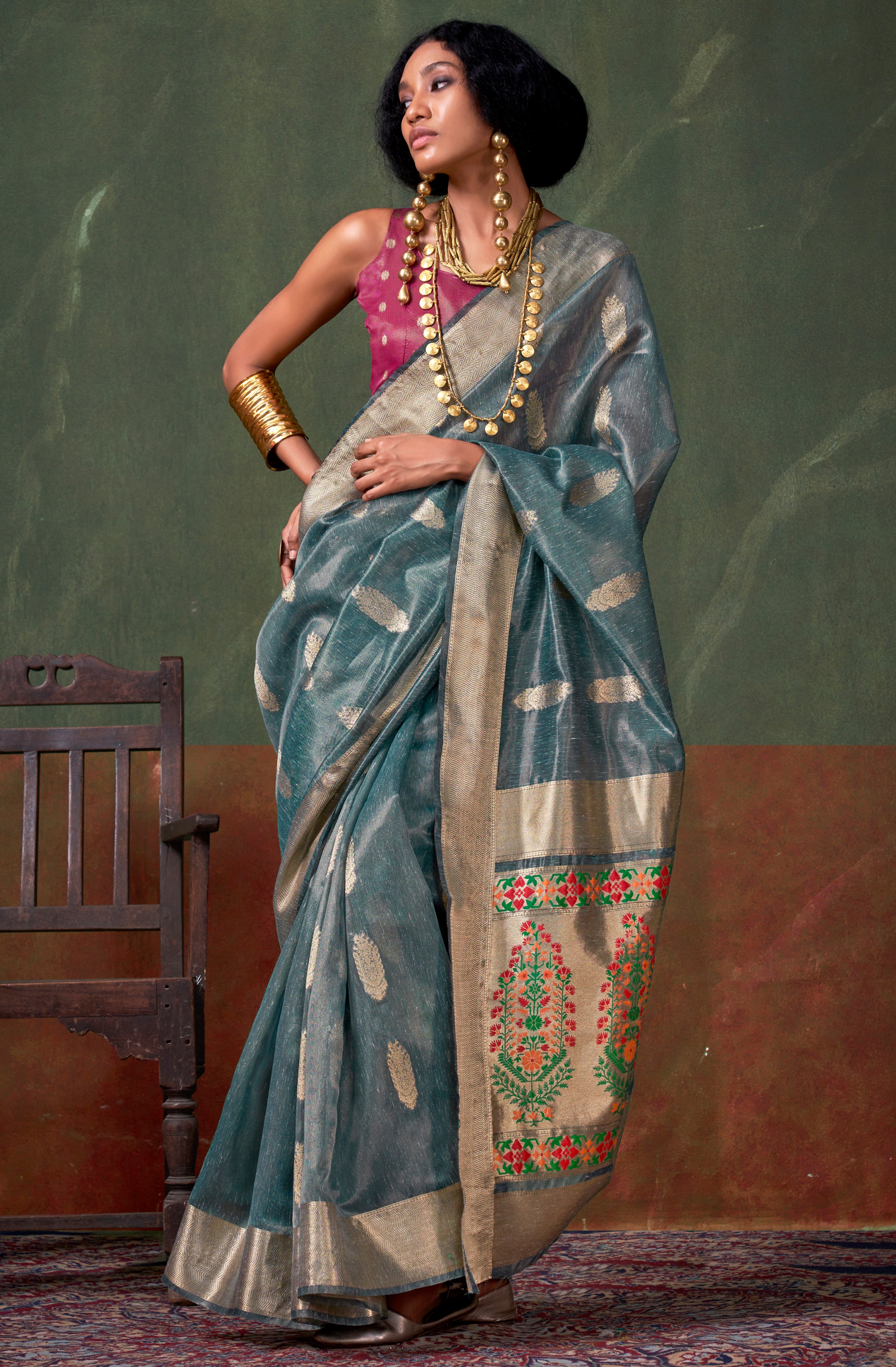 Grey Color Tissue Silk Saree With Jacquard Woven Work