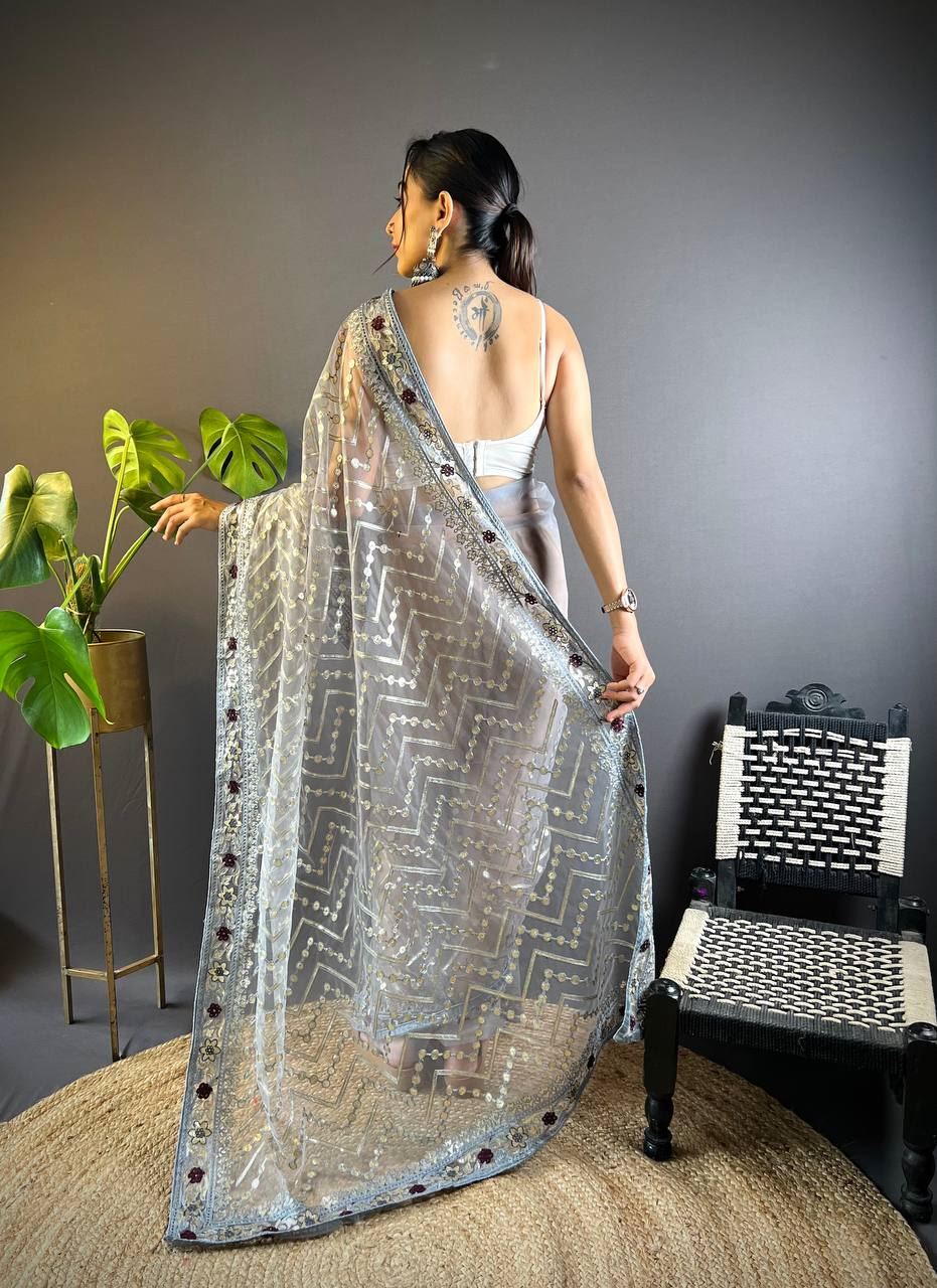 Grey Colour Butterfly Net Embrodiery Work Saree