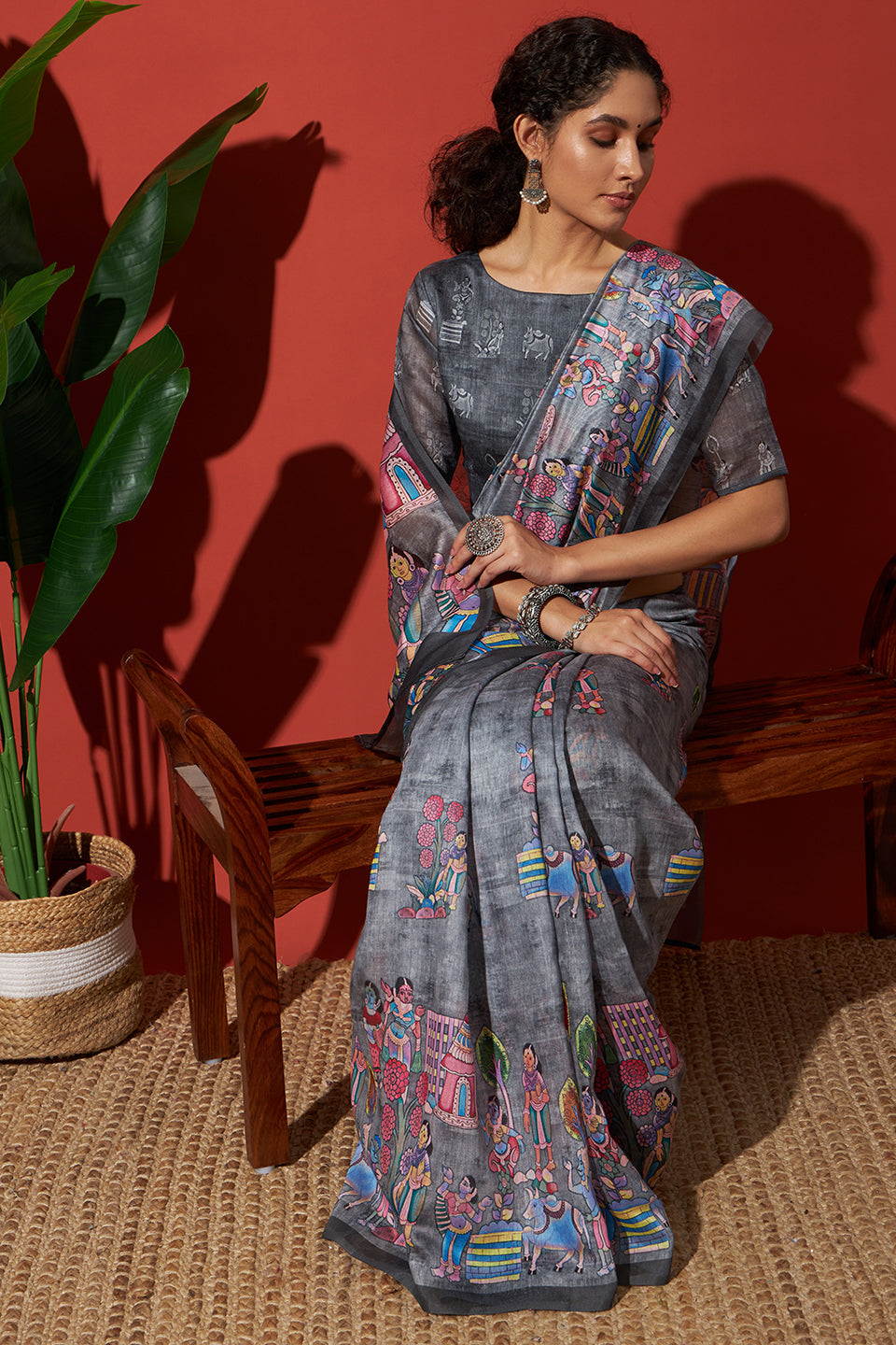 Grey Cotton Silk Designer Digital Printed Ethnic Ceremonial Saree