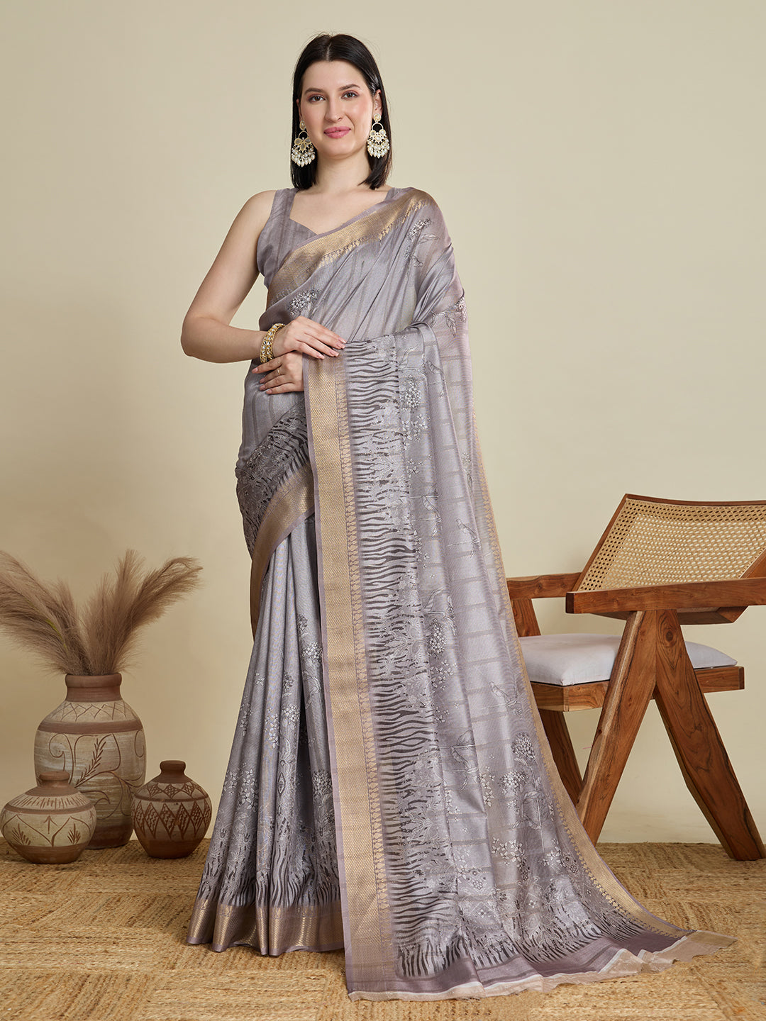 Grey Cotton Woven Border Designer And Printed Ceremonial Saree