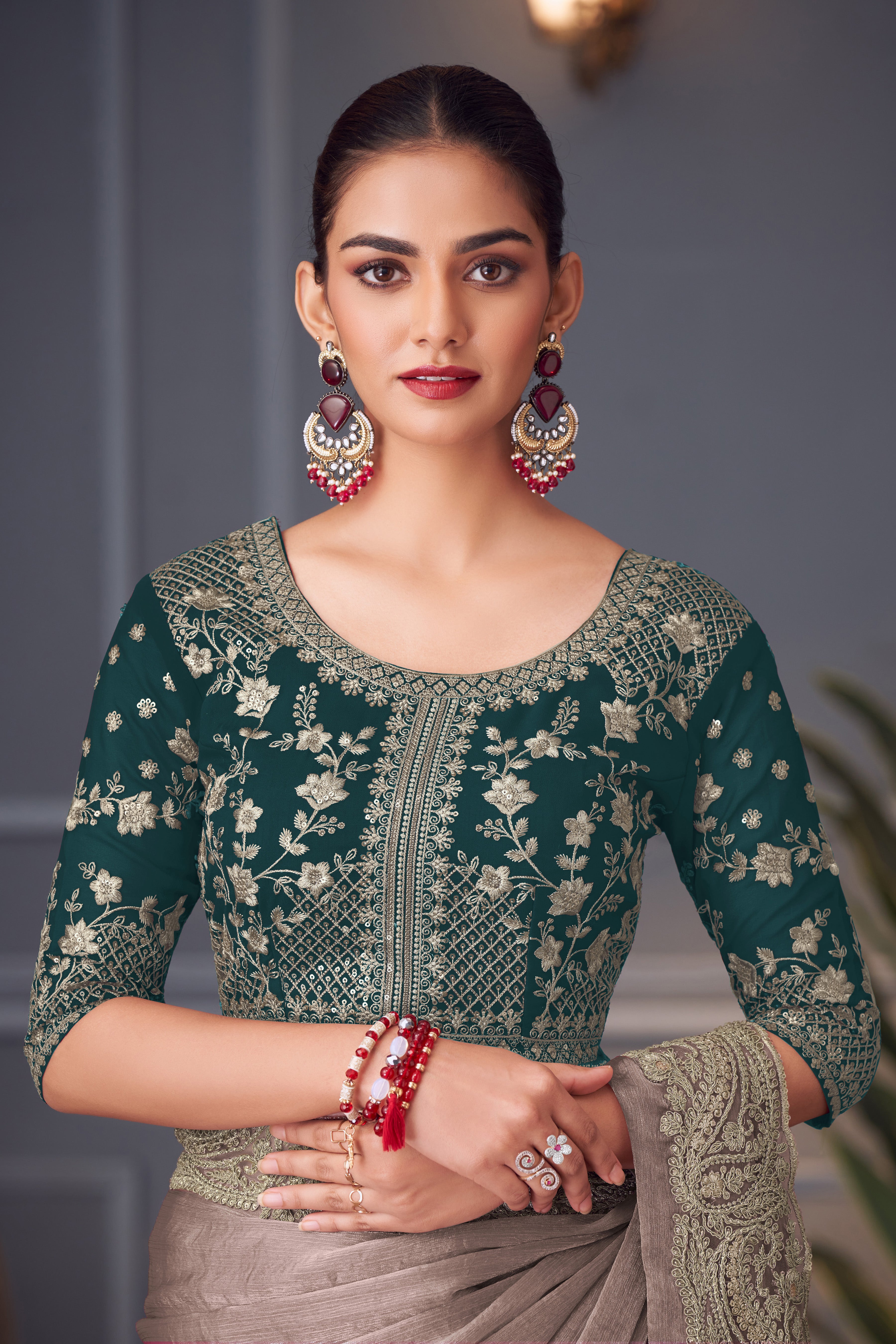 Grey Double Tone Silk Saree with Thread Sequins Work