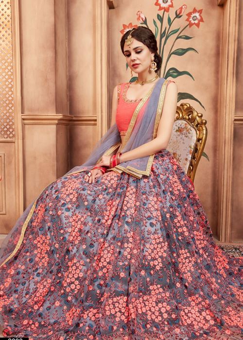 Grey Floral Embroidered Net Bridal Lehenga Choli