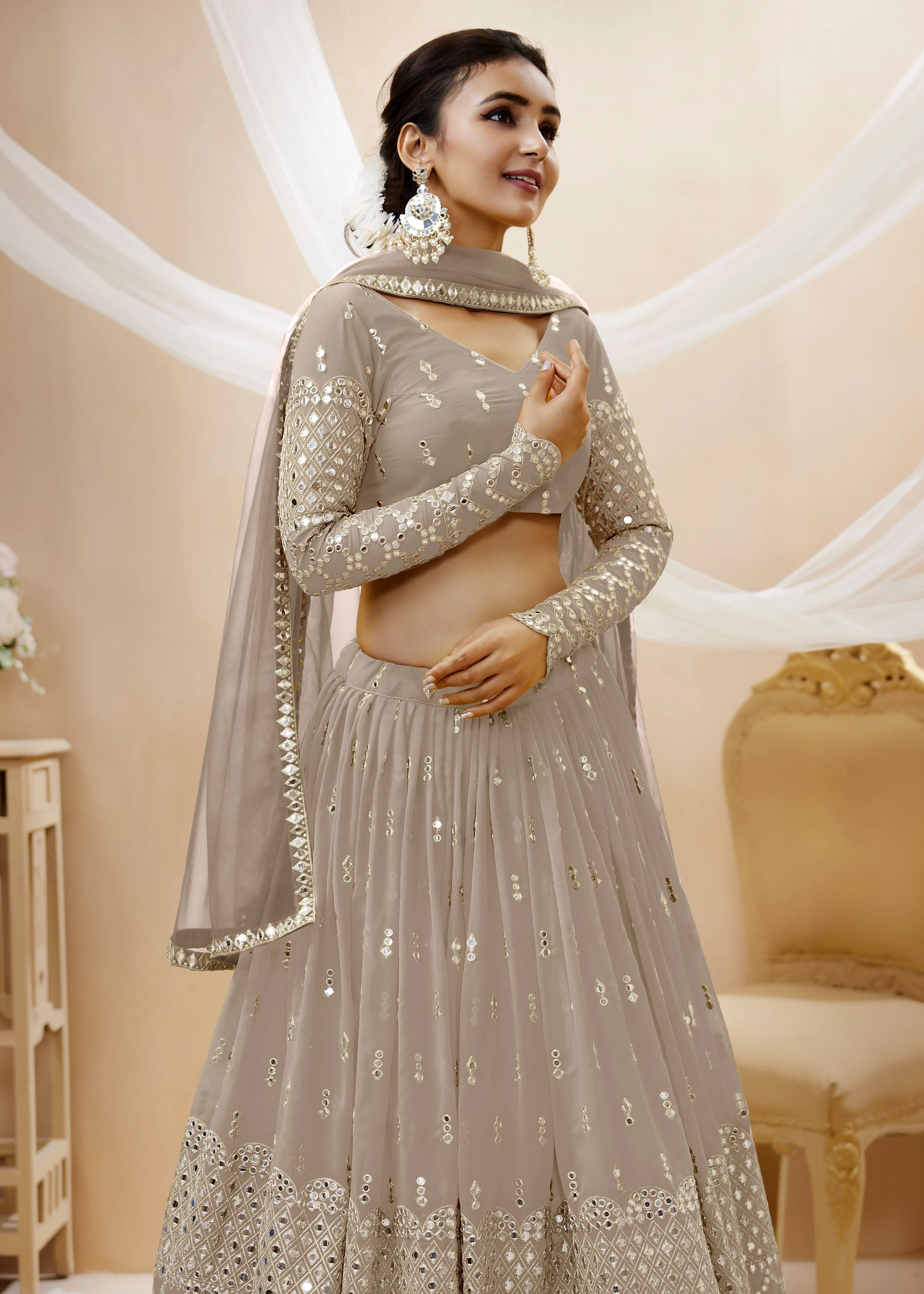 Grey Georgette Lehenga Choli With Sequins Zari Embroidered Work