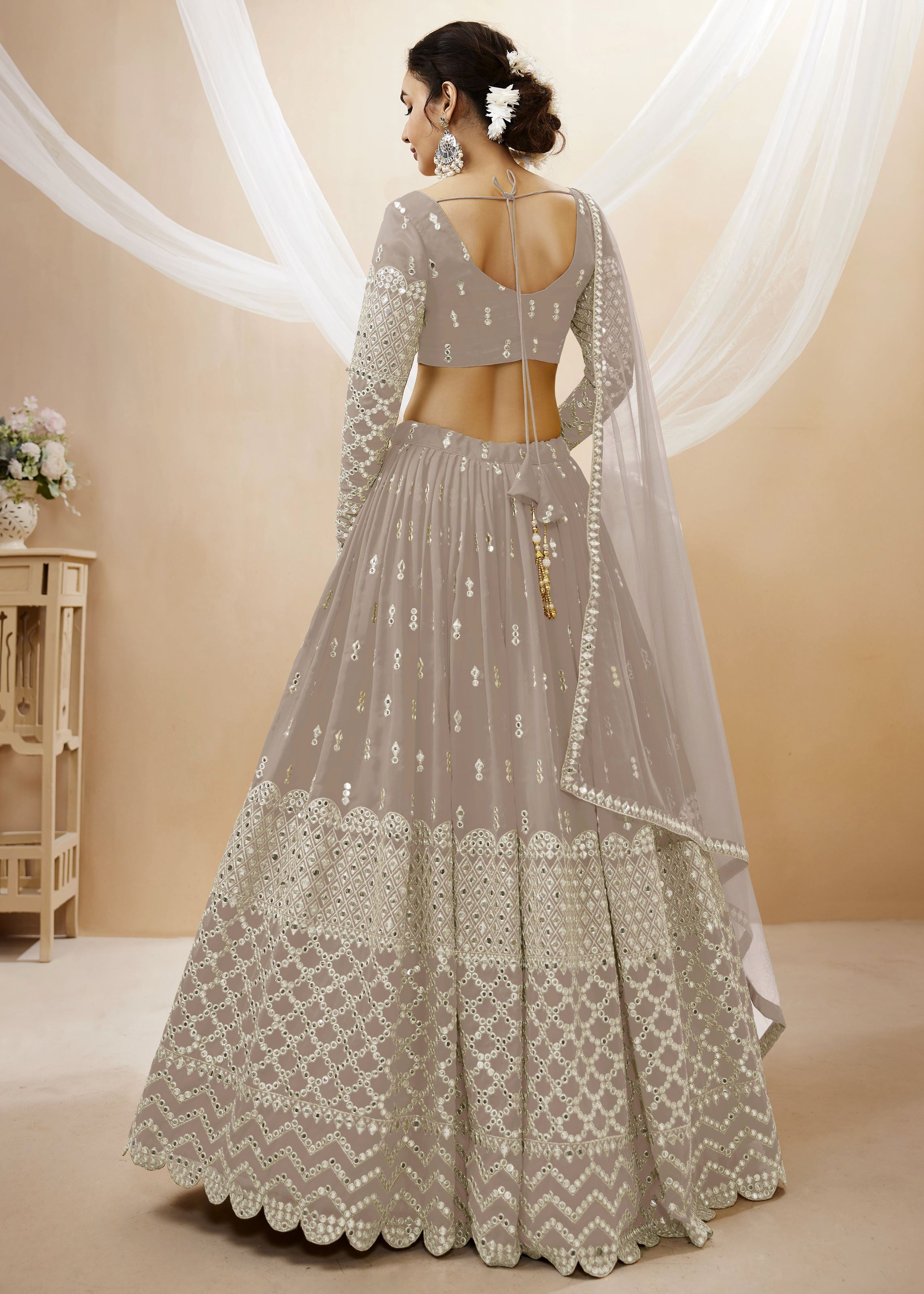 Grey Georgette Lehenga Choli With Sequins Zari Embroidered Work